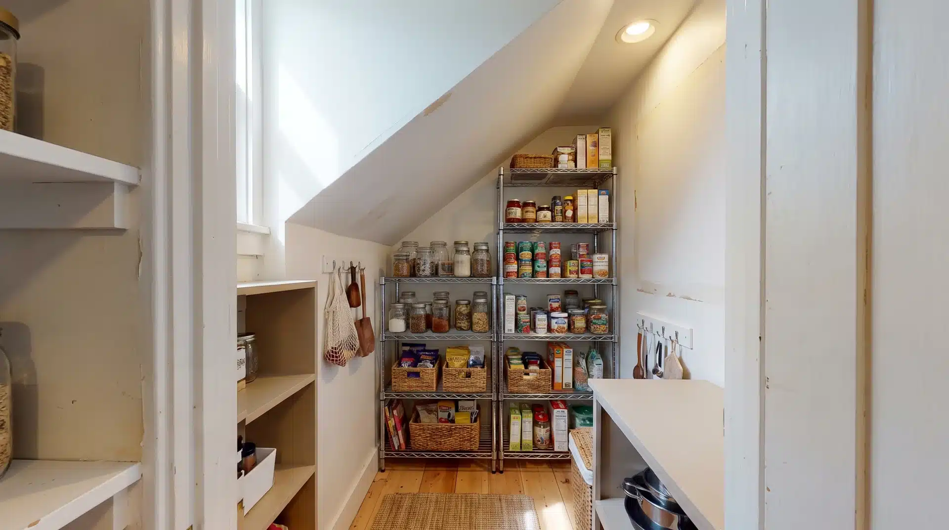 Small pantry with modular wire shelving fitted beneath a sloped ceiling
