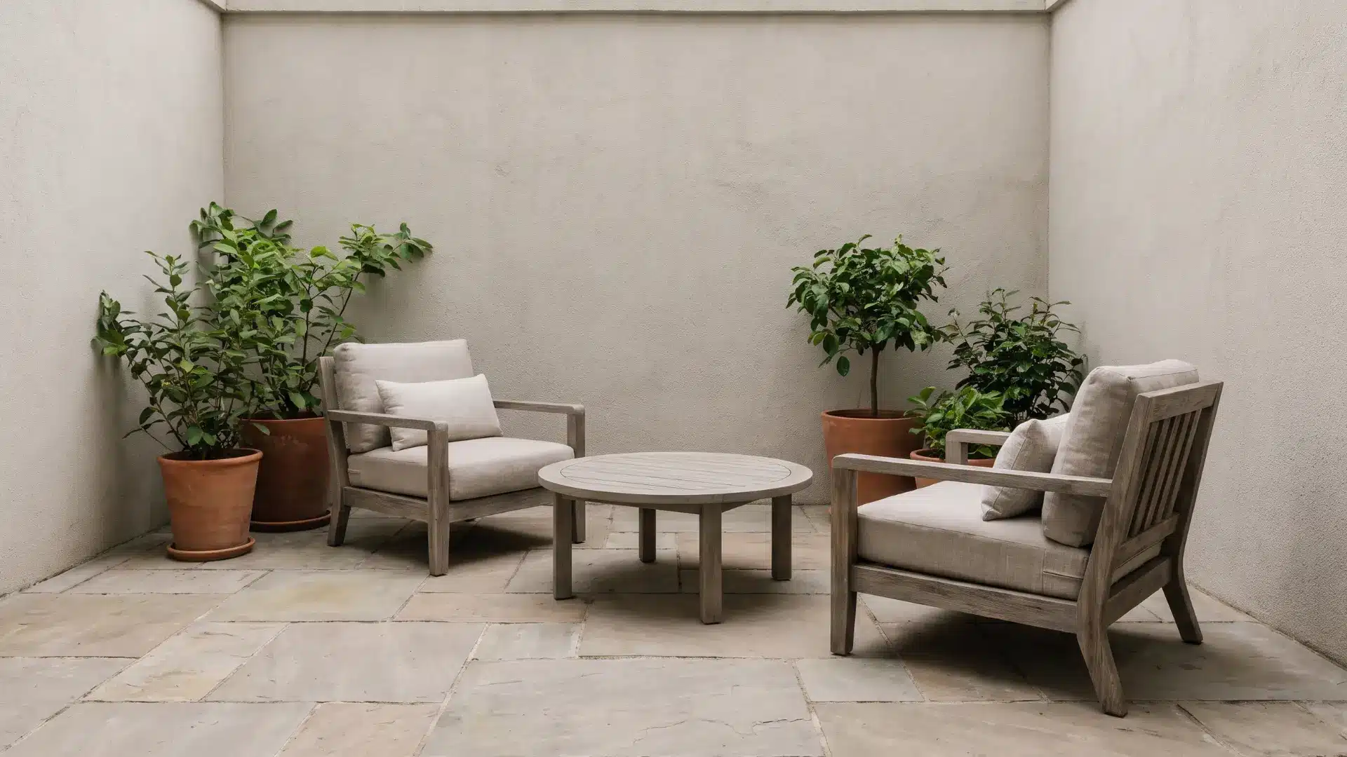 Small patio arranged around one lounging area with open floor space around the seating