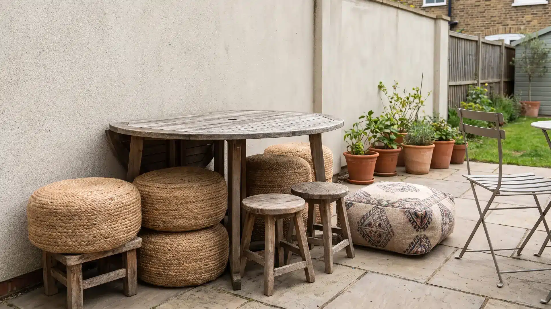 Small patio stools and poufs tucked under a table and against a wall with one pulled out
