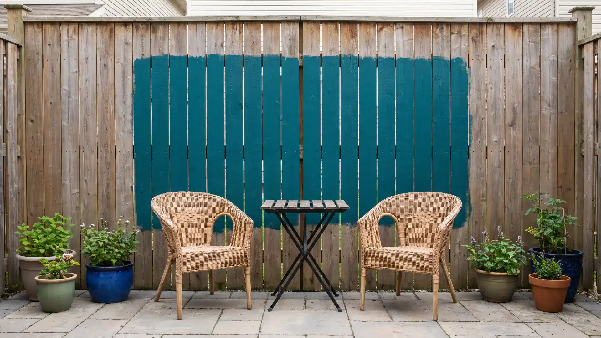 Small patio with one wall painted in a bold block or simple stripe pattern