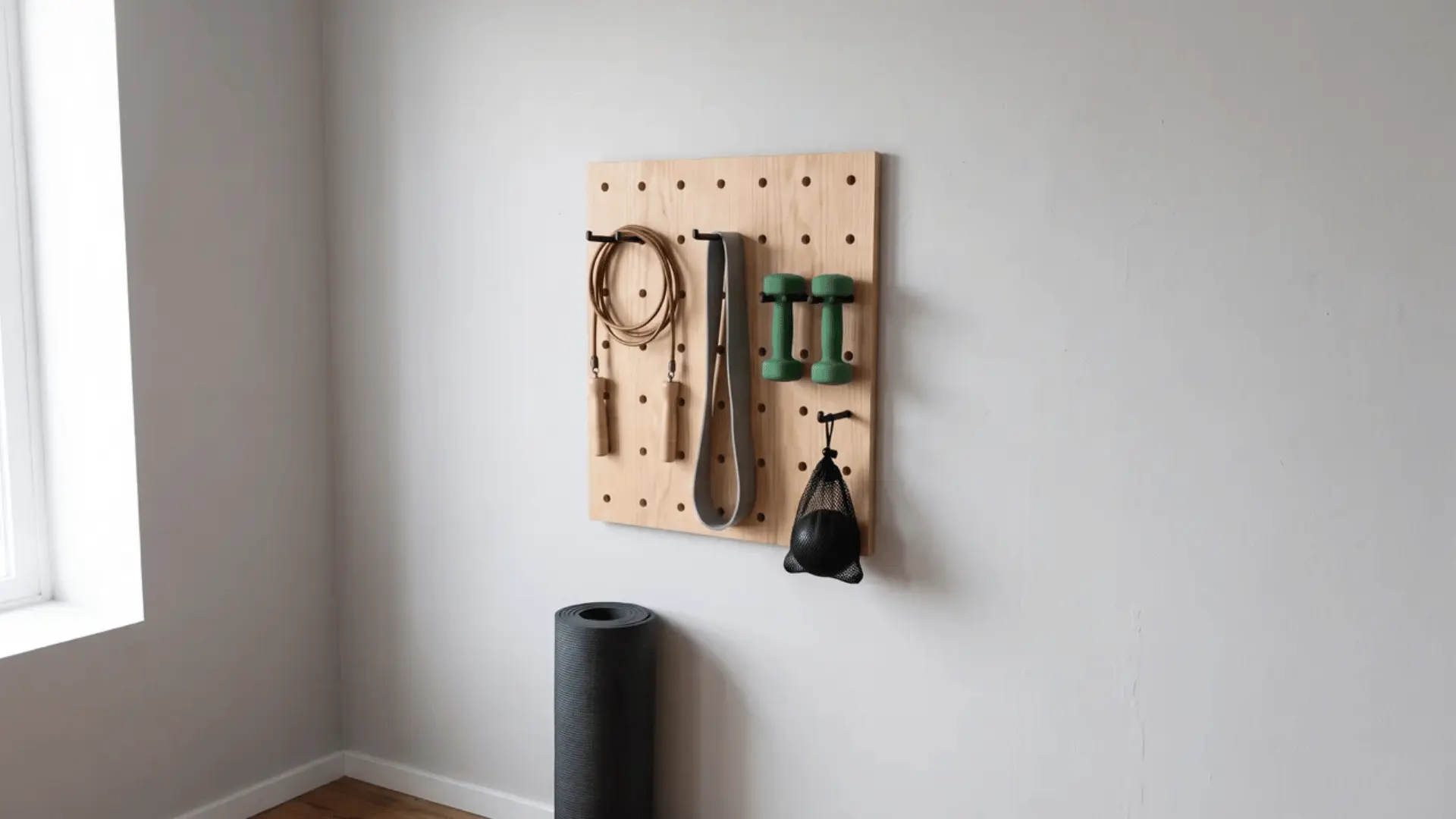 Small pegboard with numbered hooks holding workout accessories on a home gym wall
