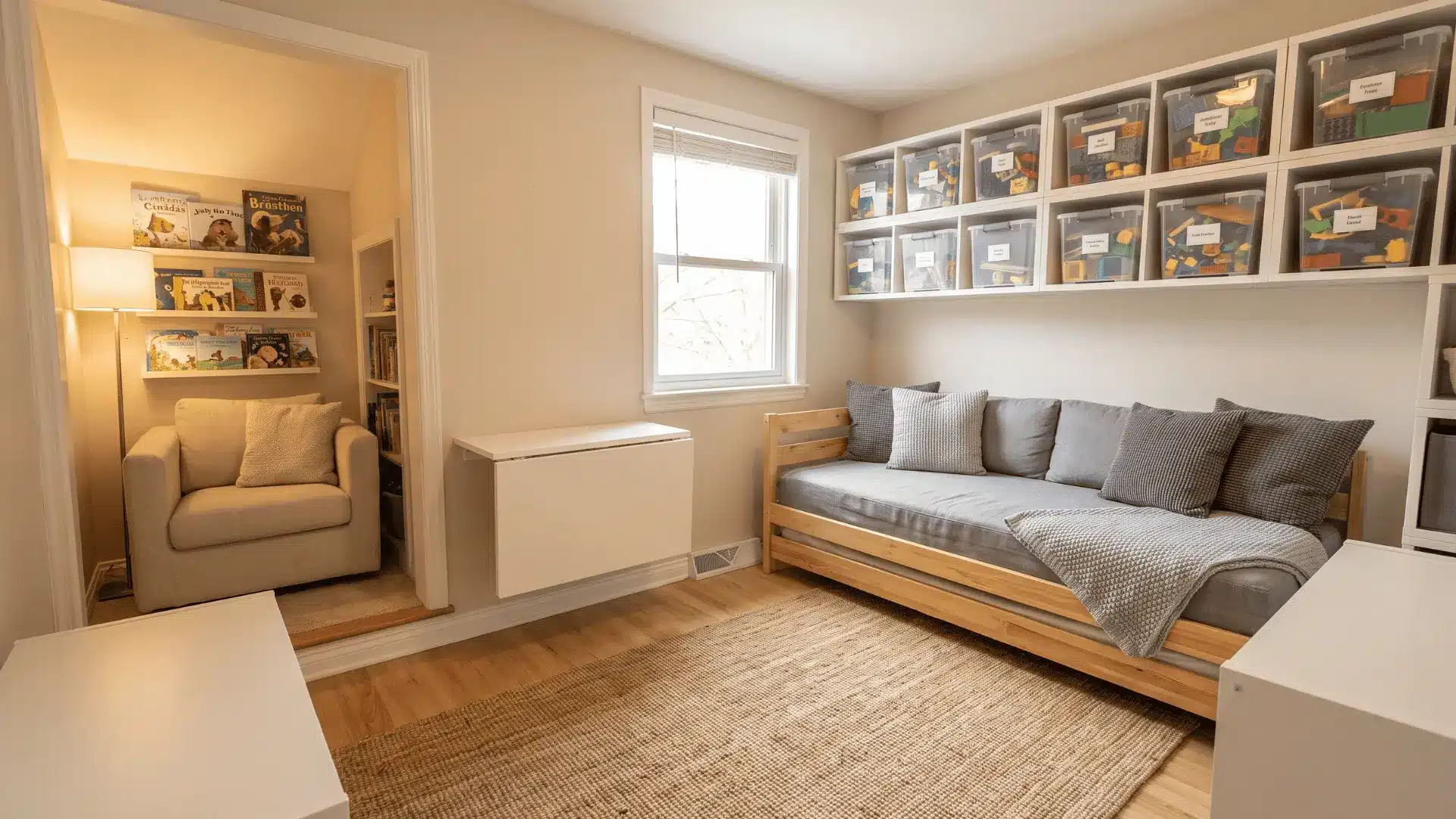 Small playroom with space-saving storage, a daybed, fold-down desk, cube shelves, and an open central floor