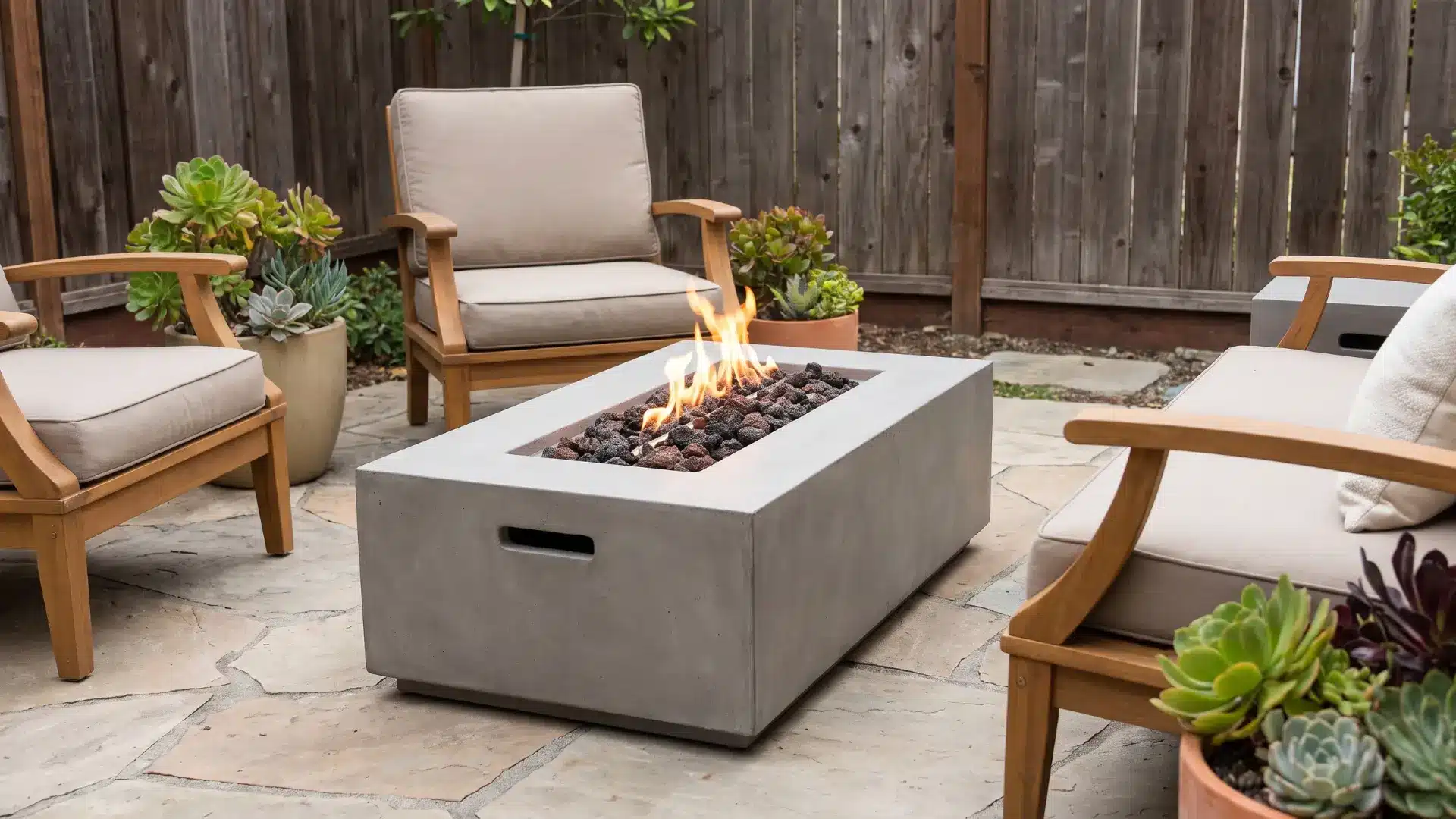 Small portable fire bowl with a contained flame on a compact backyard patio