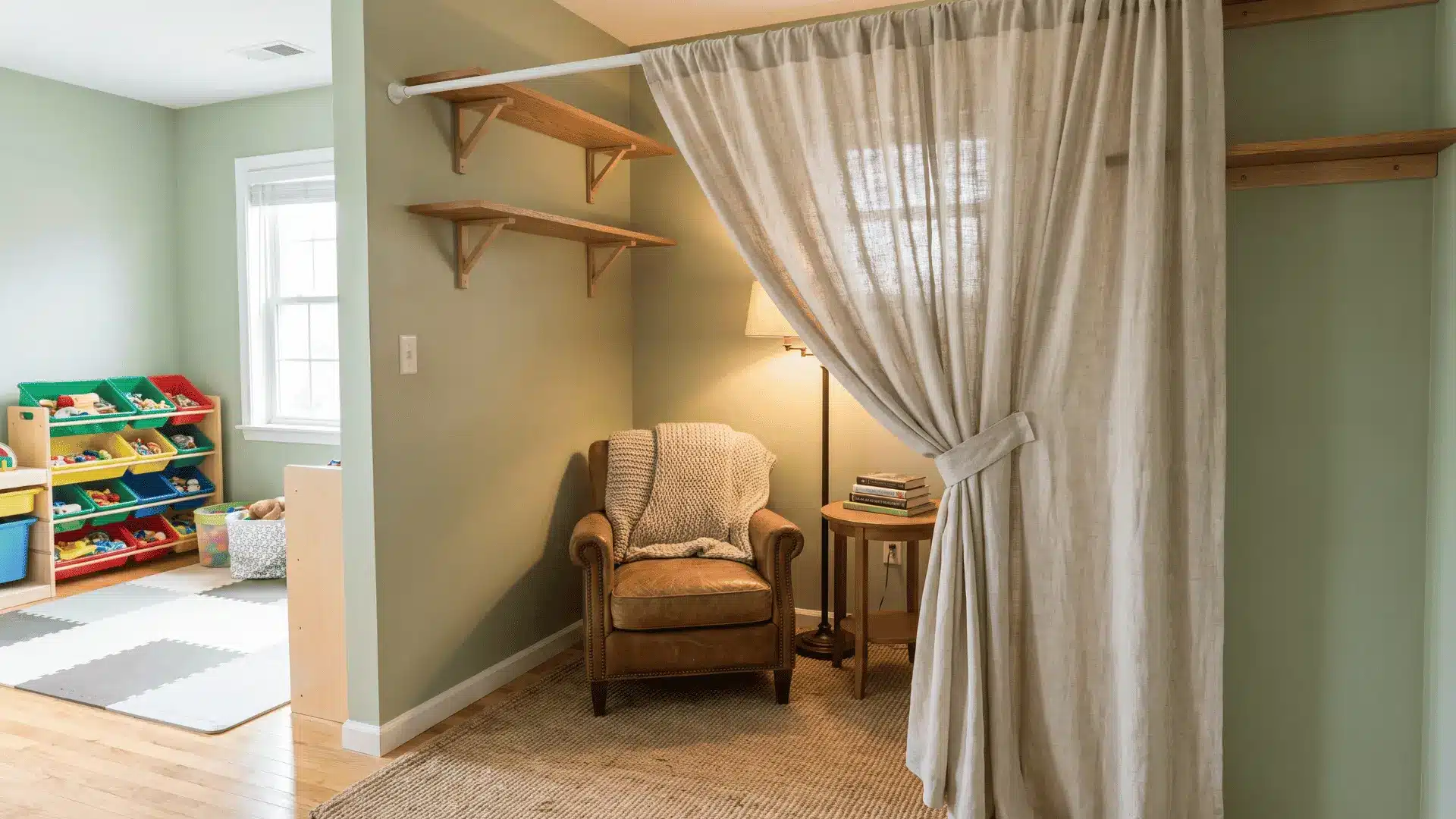 Small reading corner separated from a shared playroom by a lightweight curtain