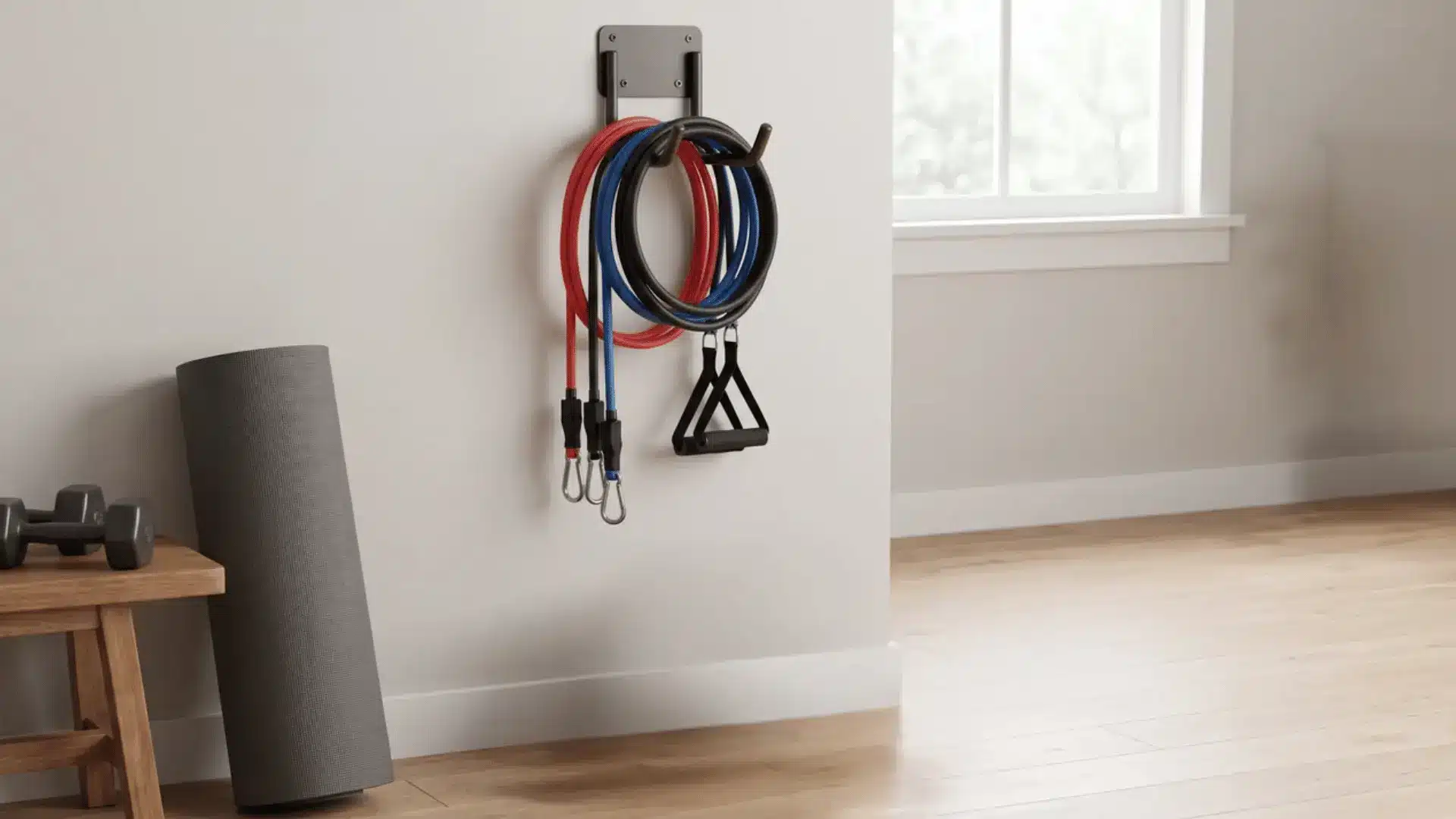 Small resistance band set hanging on a wall in a home gym corner