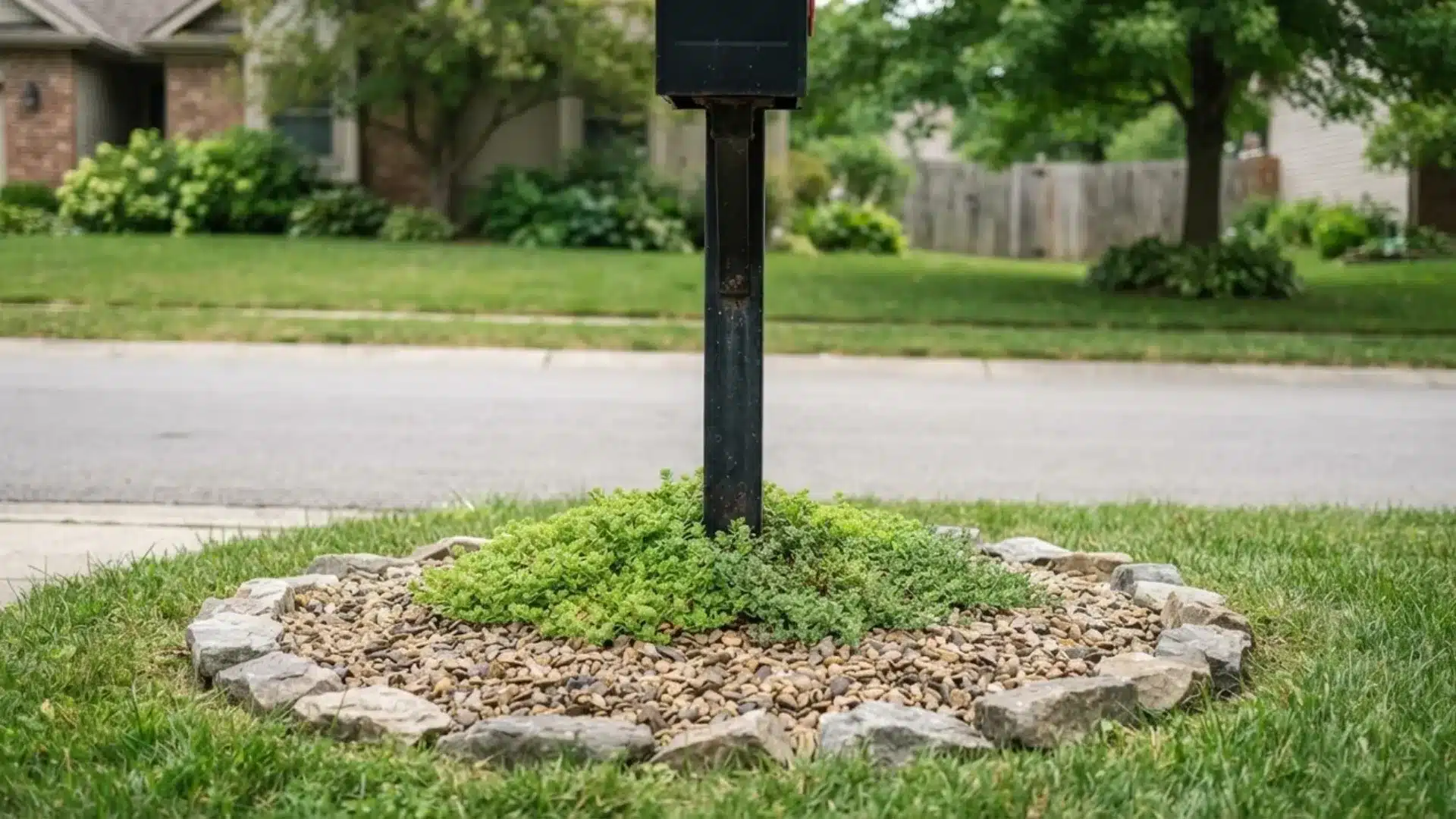 Small rock bed with gravel and low groundcover plants surrounding a mailbox post