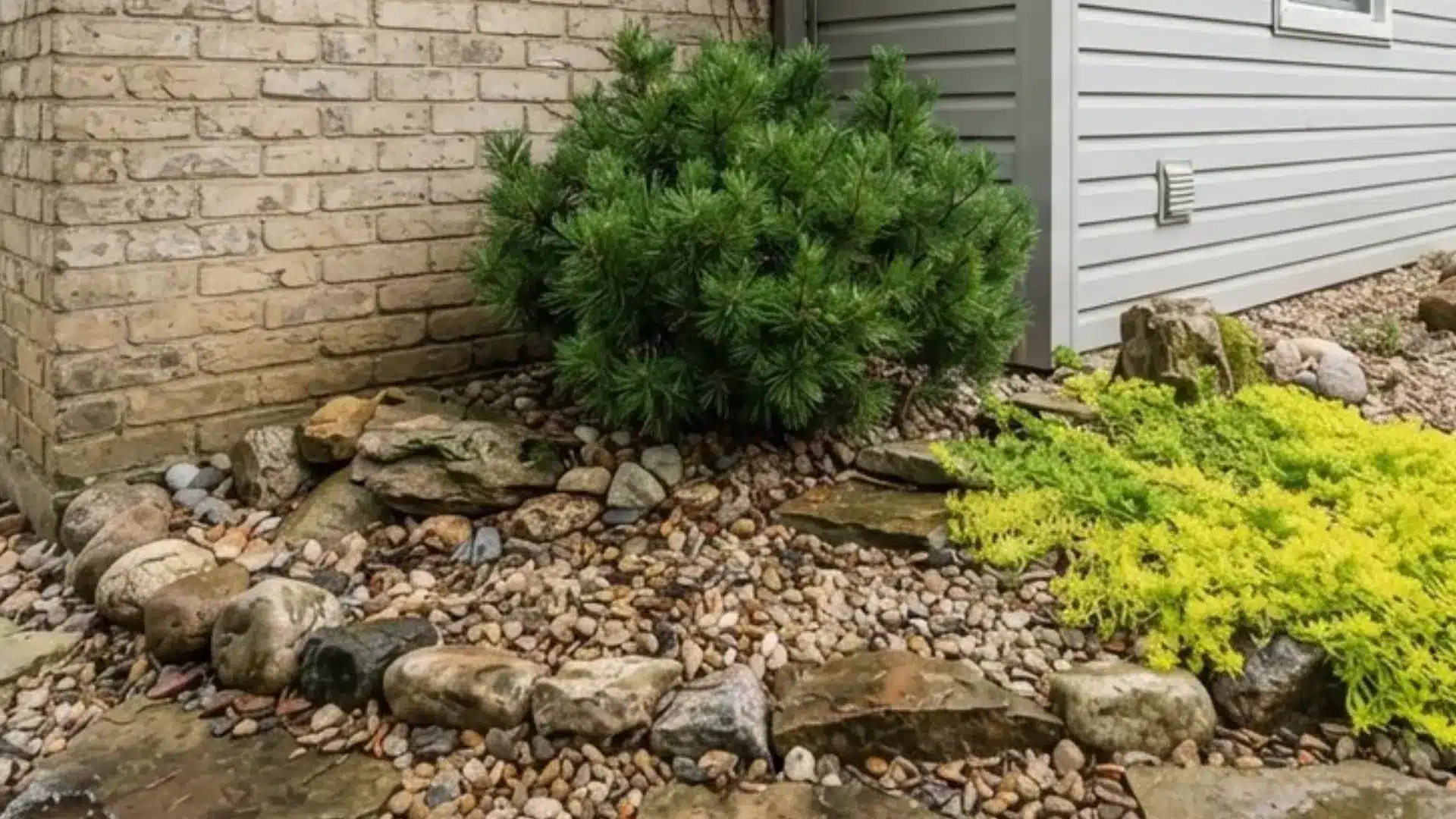 Small rock garden bed built into a house foundation corner with gravel and a dwarf shrub