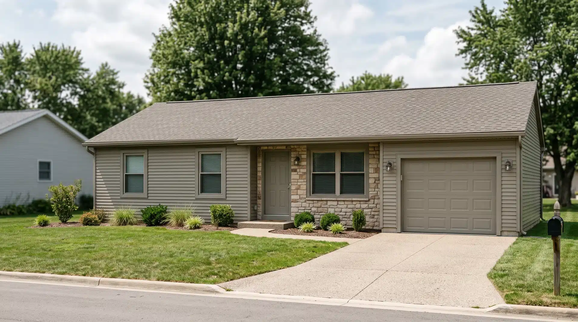 Small single-story ranch house with an attached garage, matching exterior tones, windows, driveway, lawn, and low shrubs