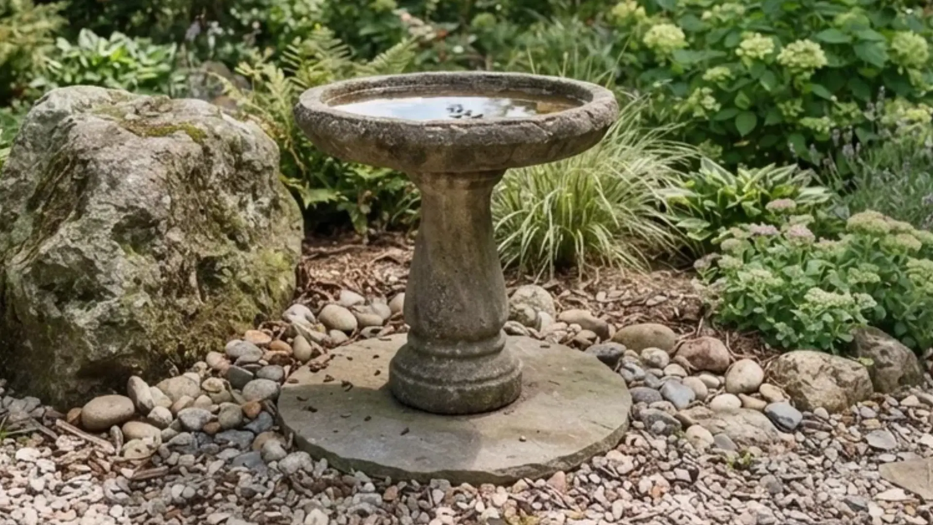 Small stone birdbath set on a flat base within a gravel and rock garden bed outdoors