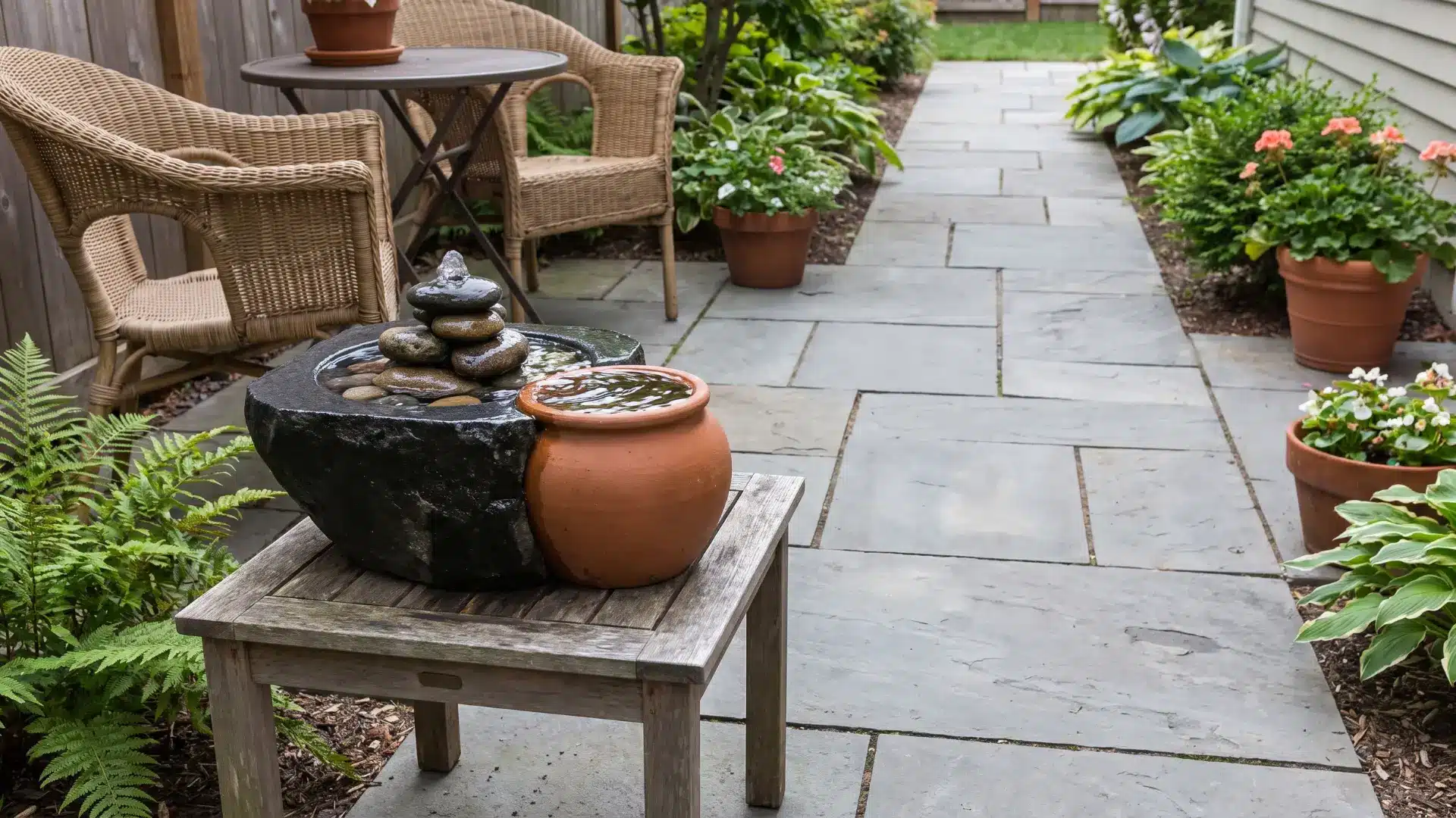 Small tabletop water feature beside patio seating with clear walking space around it