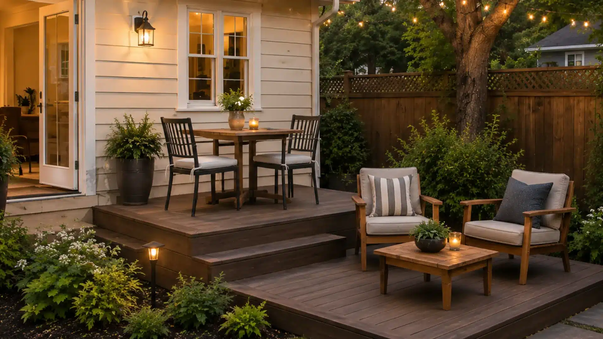 Small two-level backyard deck with dining table, lounge chairs, plants, and warm lights