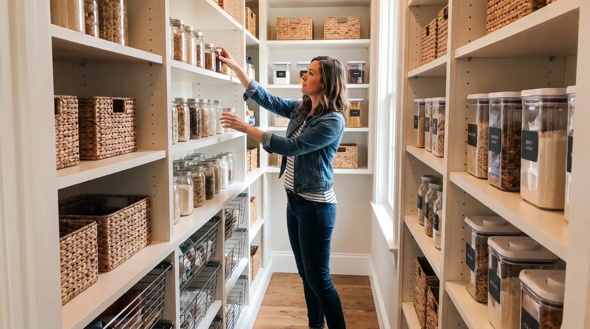 Small walk-in pantry with floor-to-ceiling shelves, clear containers, baskets, and a woman organizing jars