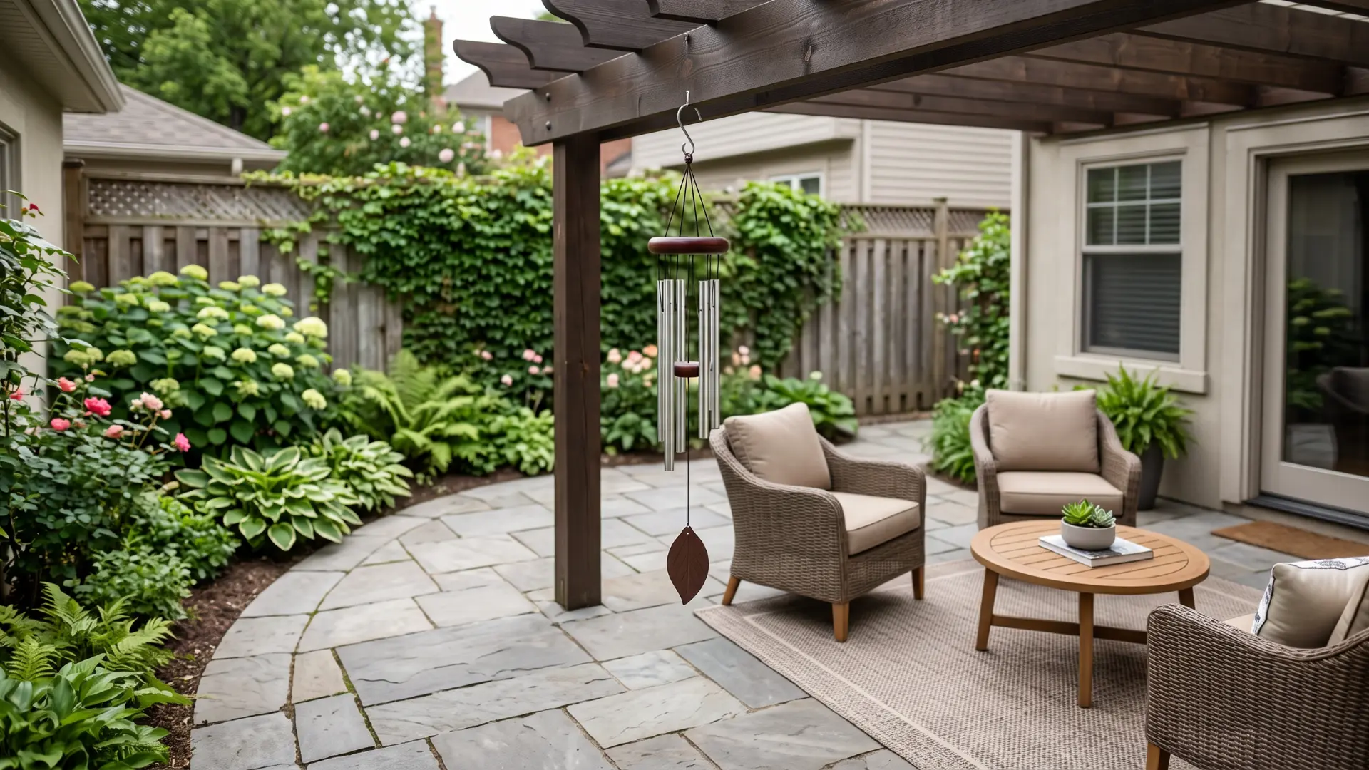 Small wind chime hanging from a pergola beam beside patio seating and away from the main walkway