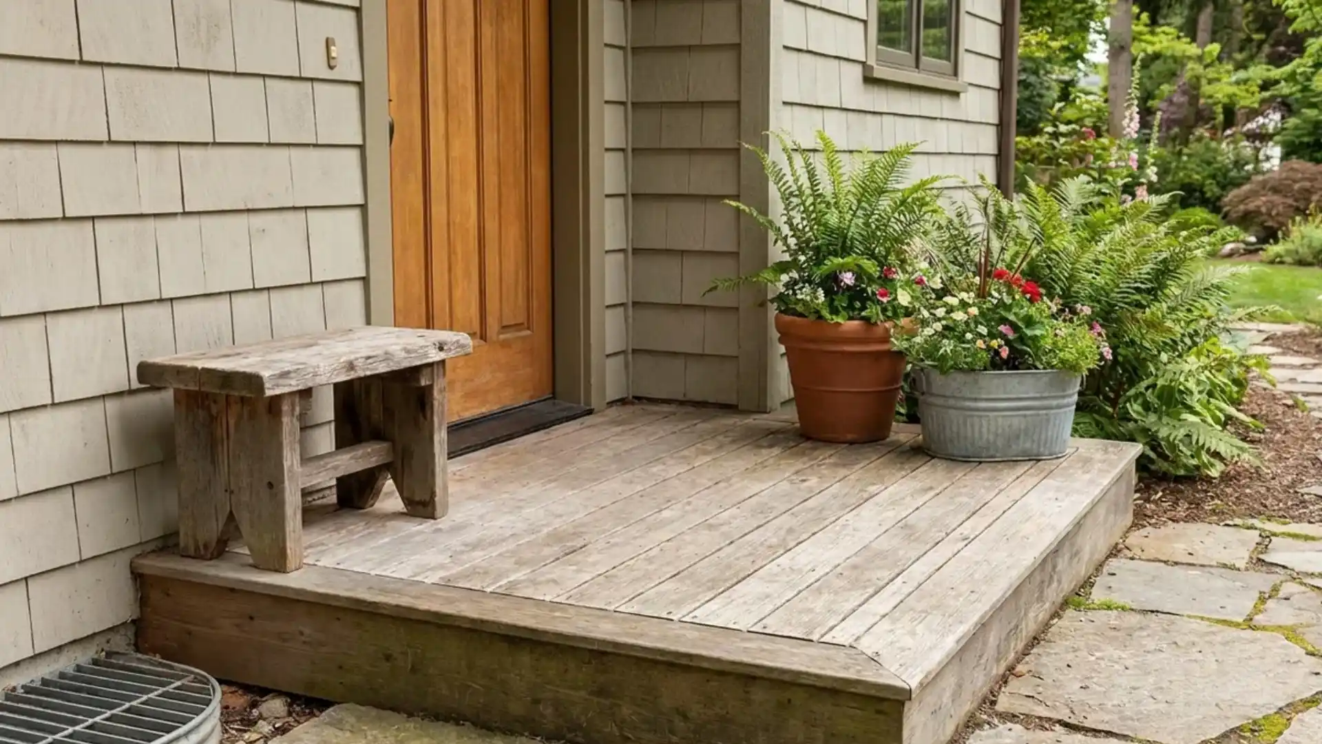 Small wood deck landing with a bench outside a side door