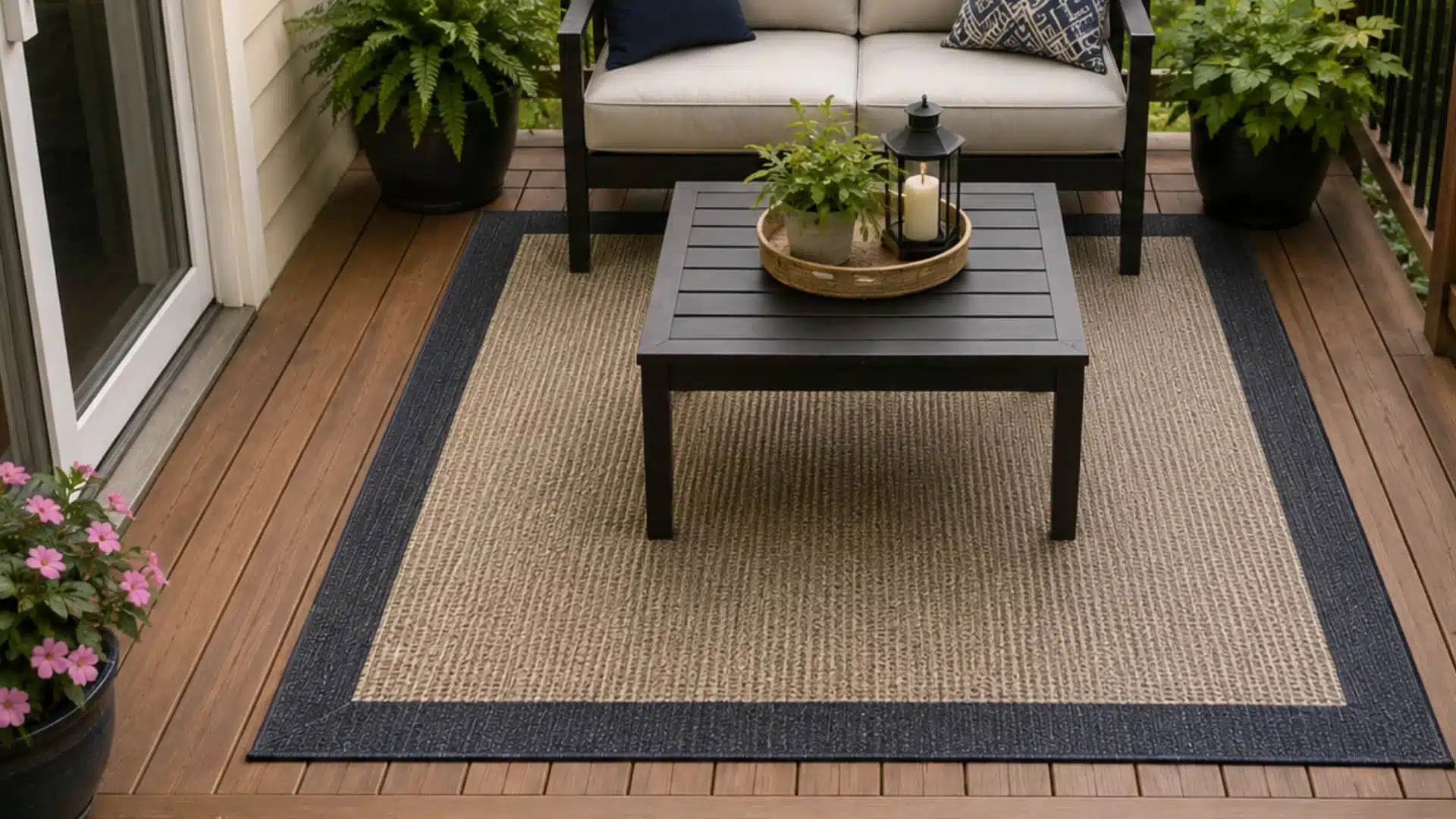 Small wooden deck with a bordered outdoor rug, cozy seating, plants, and coffee table