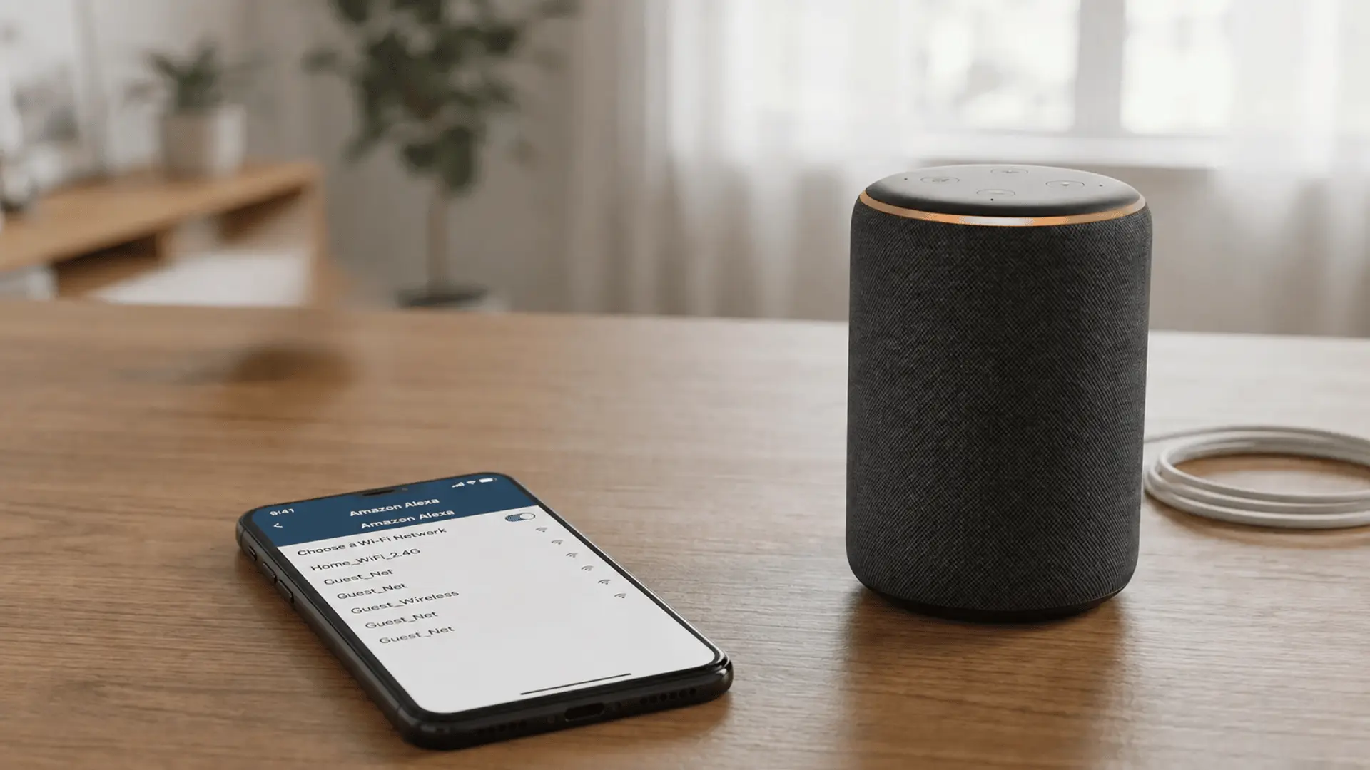 Smartphone displaying Alexa Wi-Fi network options beside an Echo speaker on a wooden table