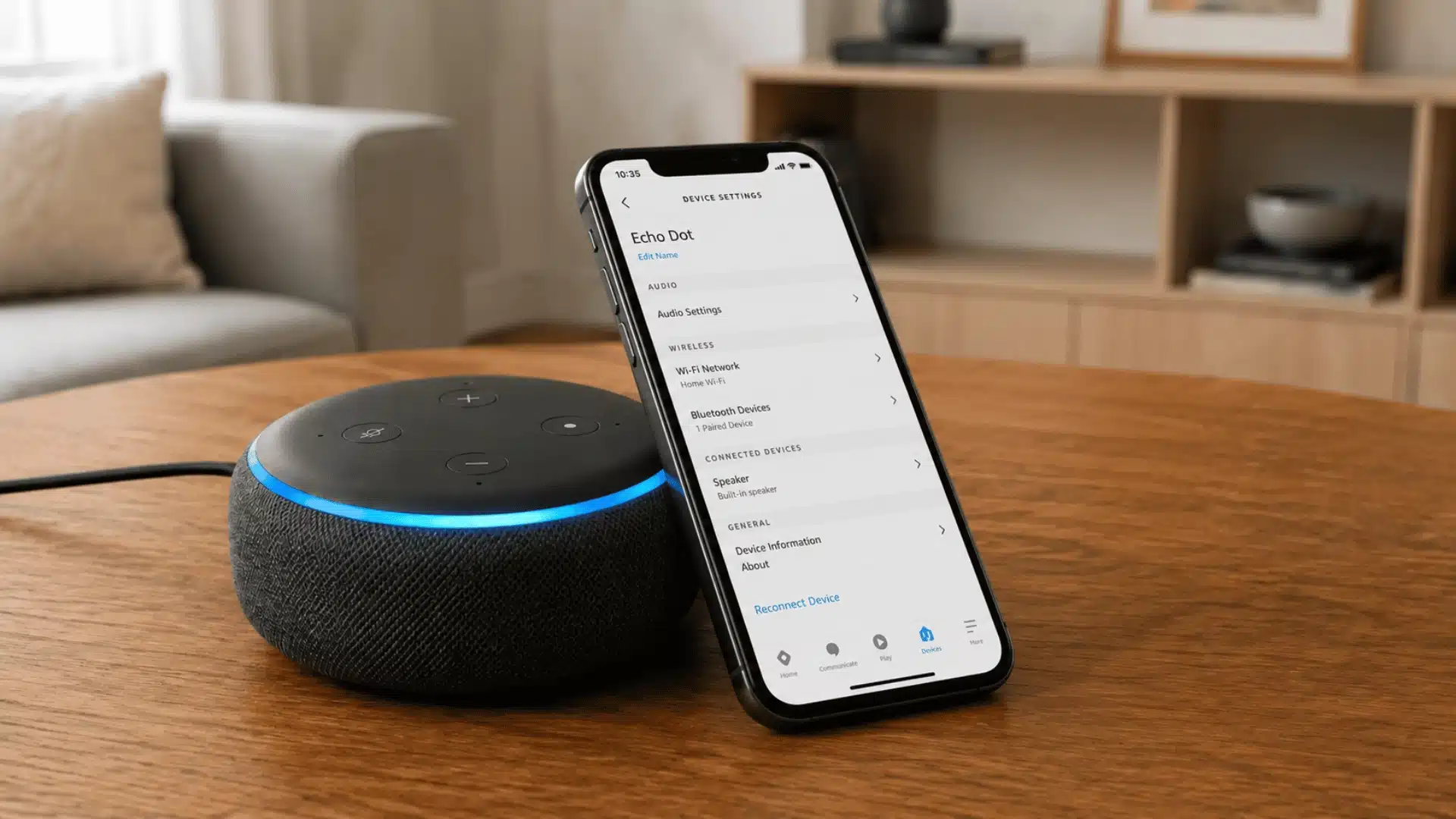Smartphone leaning against an Echo speaker while displaying Wi-Fi, Bluetooth, and reconnect settings