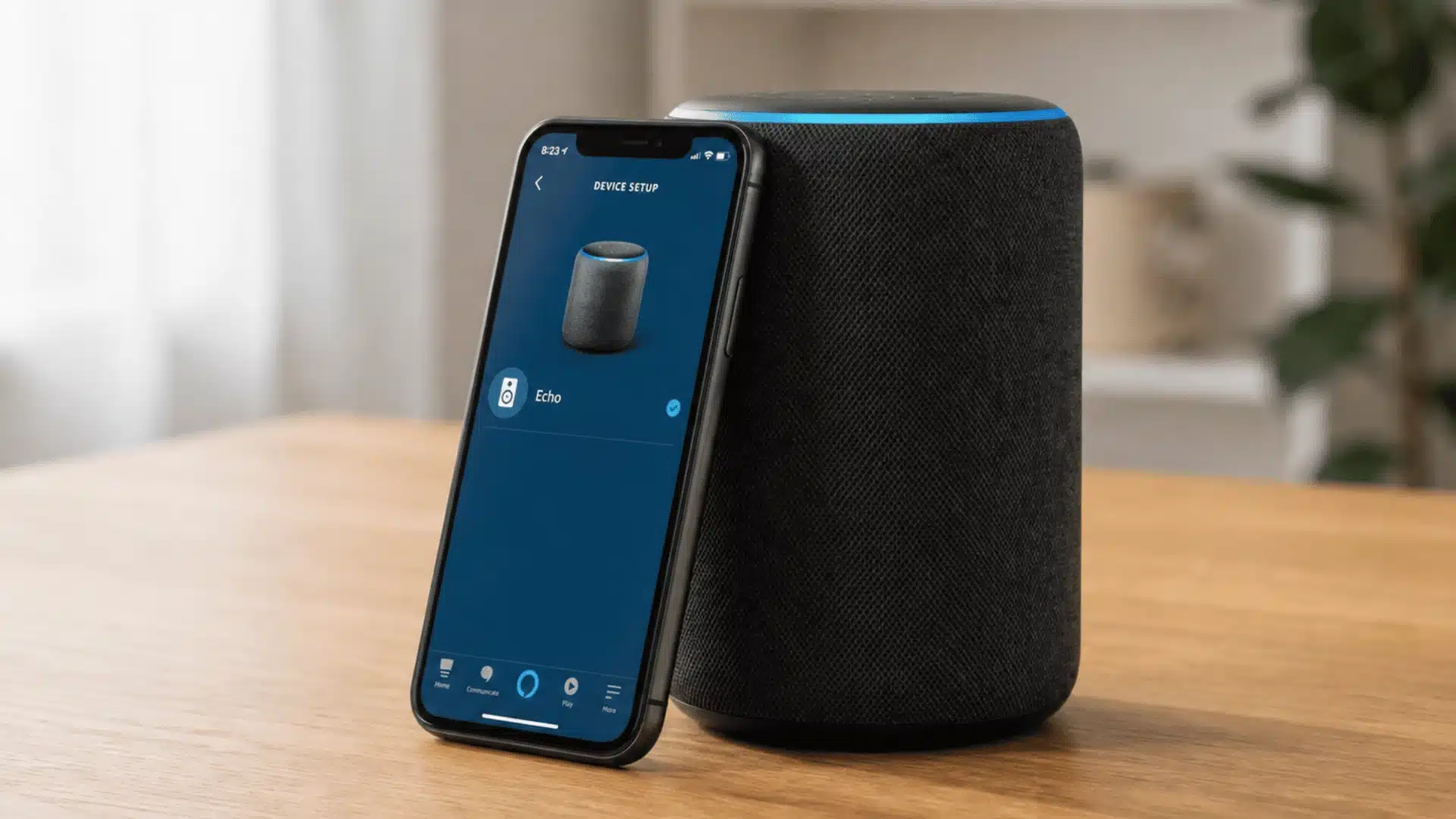 Smartphone leaning against an Echo speaker while displaying the Echo device setup screen