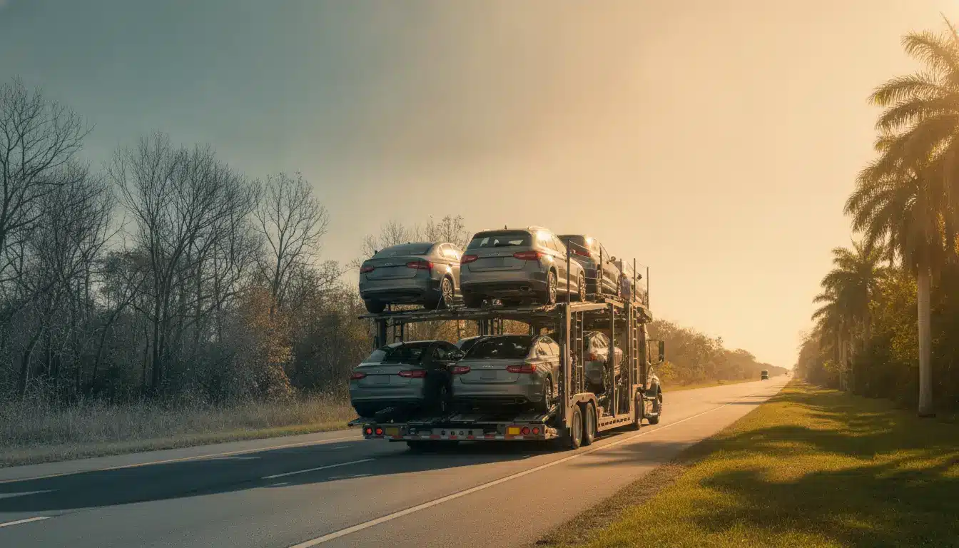 Car carrier truck transporting vehicles on highway under warm sunset light with palm trees lining the road
