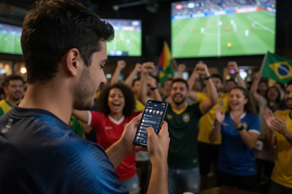 Man in blue jersey checking phone at sports bar with cheering crowd and soccer match on screens