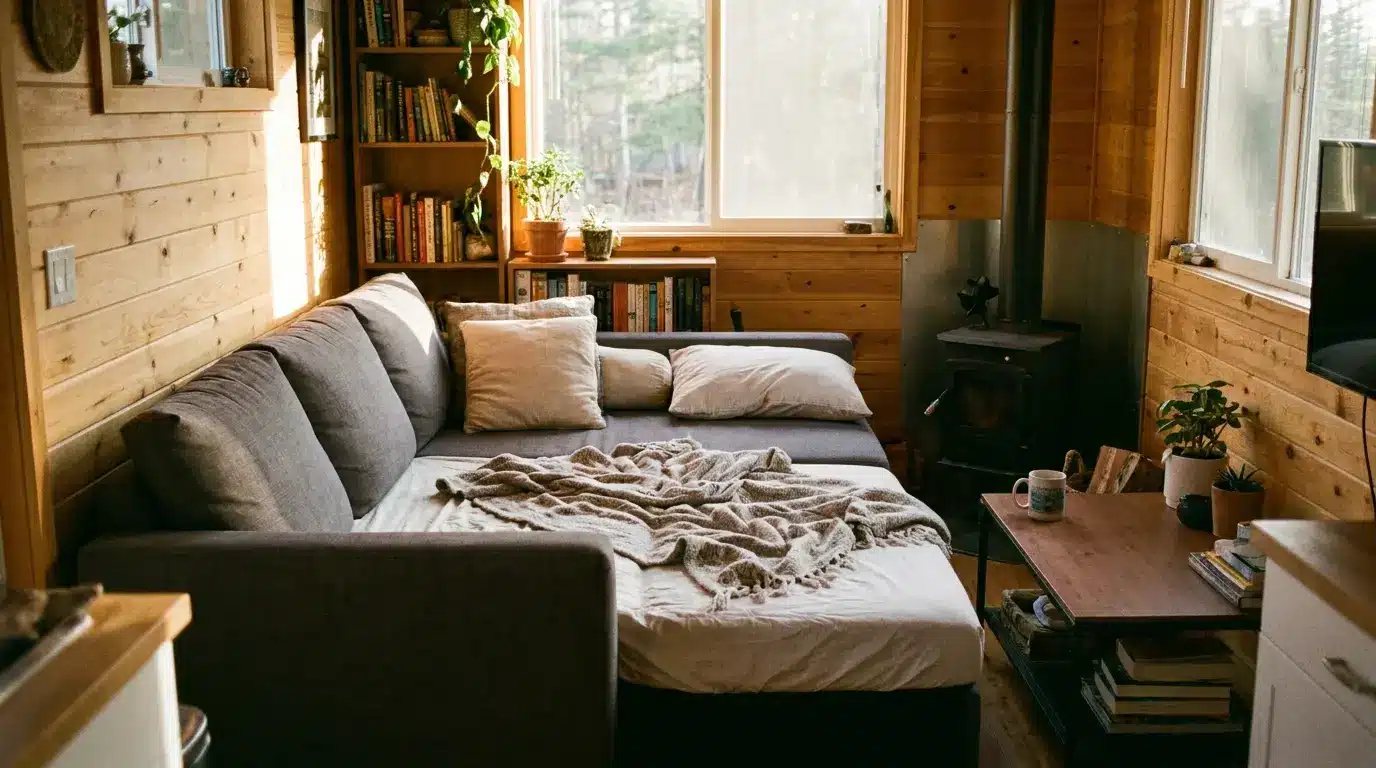 Sofa bed unfolded into a guest bed in a tiny home living room