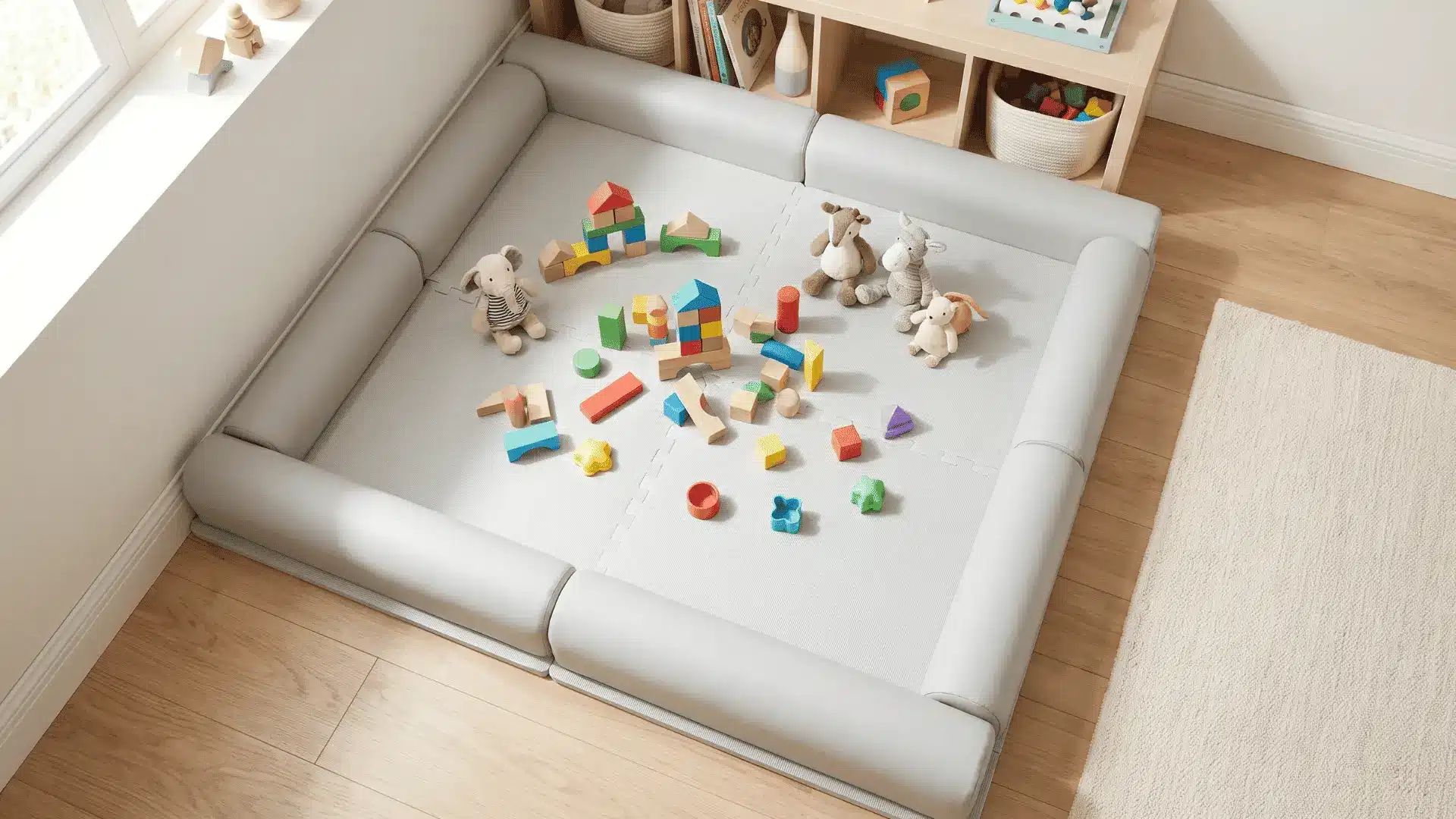 Soft foam play mat with raised edges containing blocks and loose toys in a small playroom
