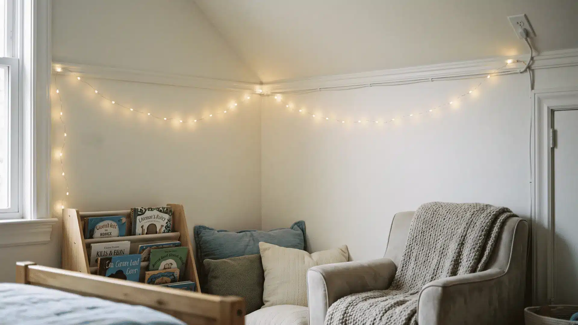 Soft string lights secured above a reading nook with cables kept beyond reach