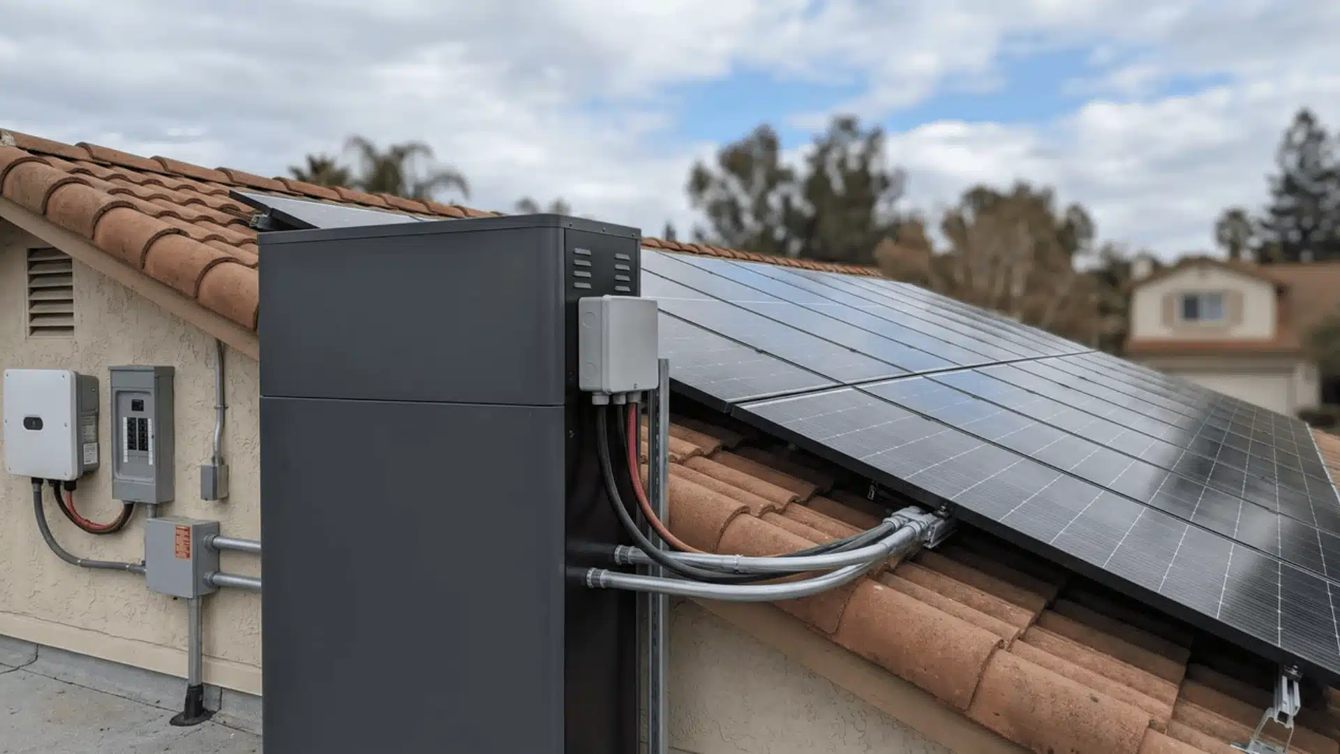 Solar battery being installed next to solar panels on a roof with connections to the electrical system.