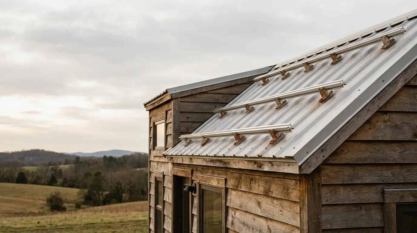 Wooden tiny house with metal roof in rural landscape under cloudy sky