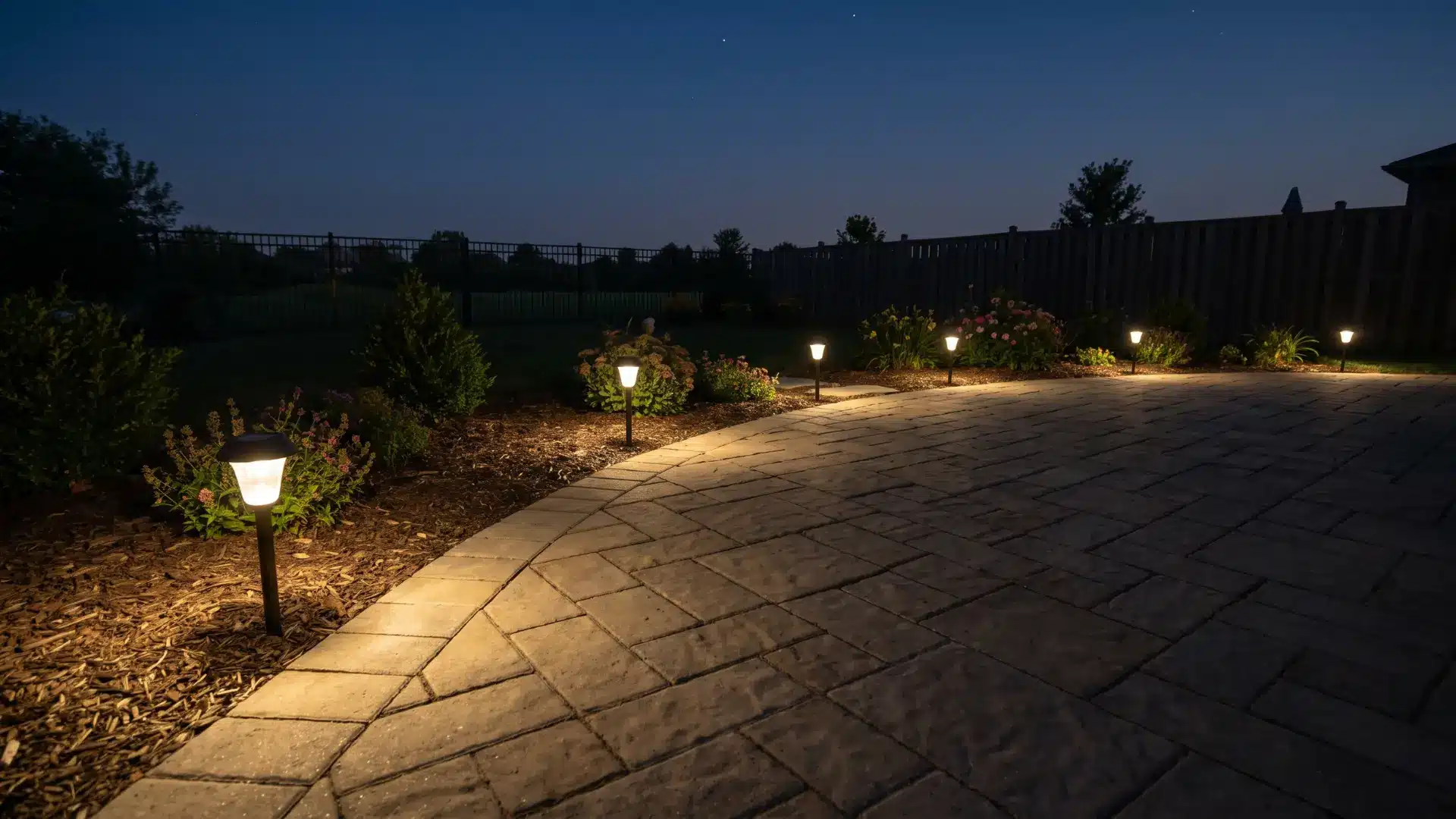 Solar path lights spaced along the edges of a small patio after dark