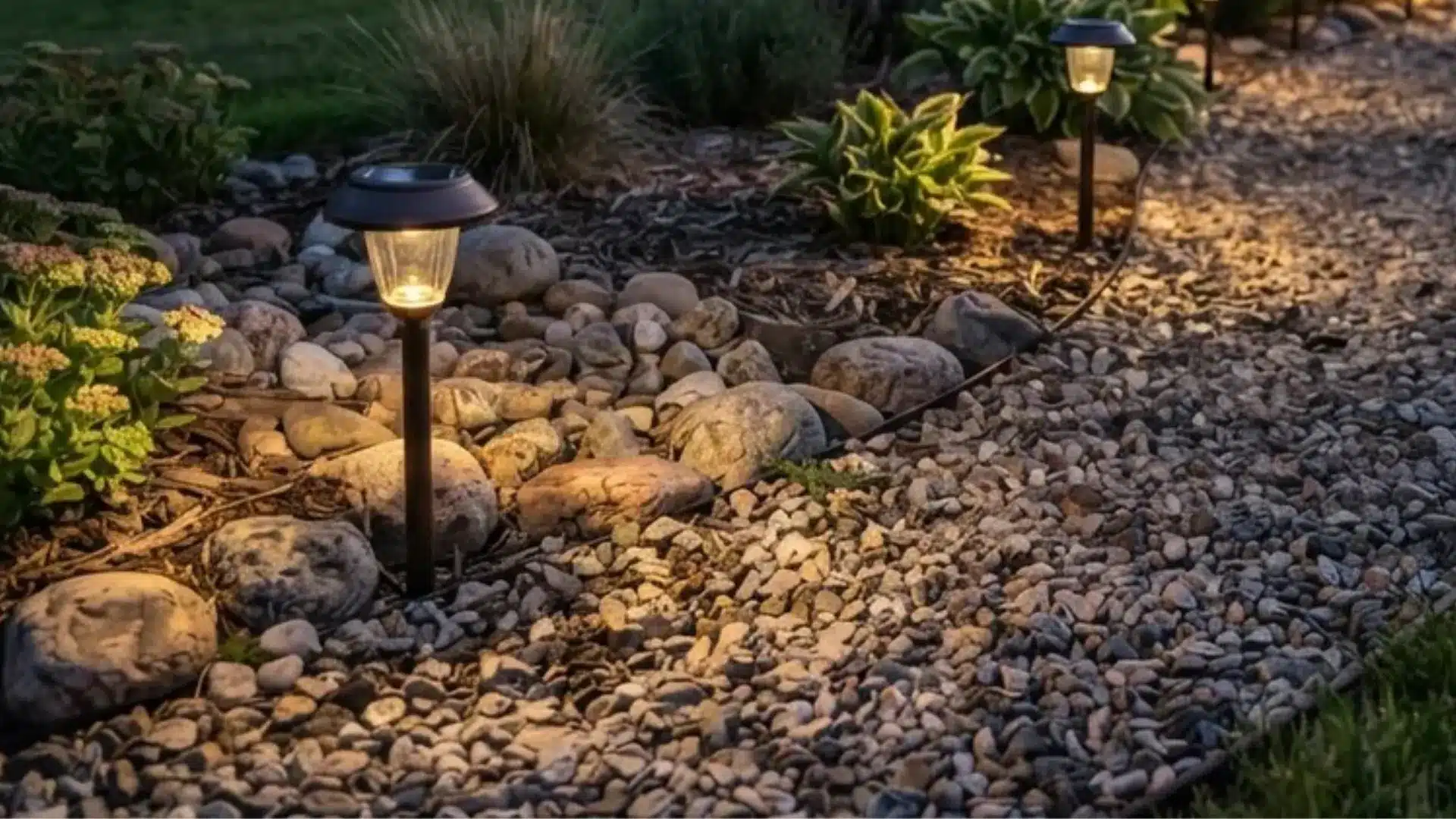 Solar path lights staked along the edge of a small gravel rock garden bed at dusk