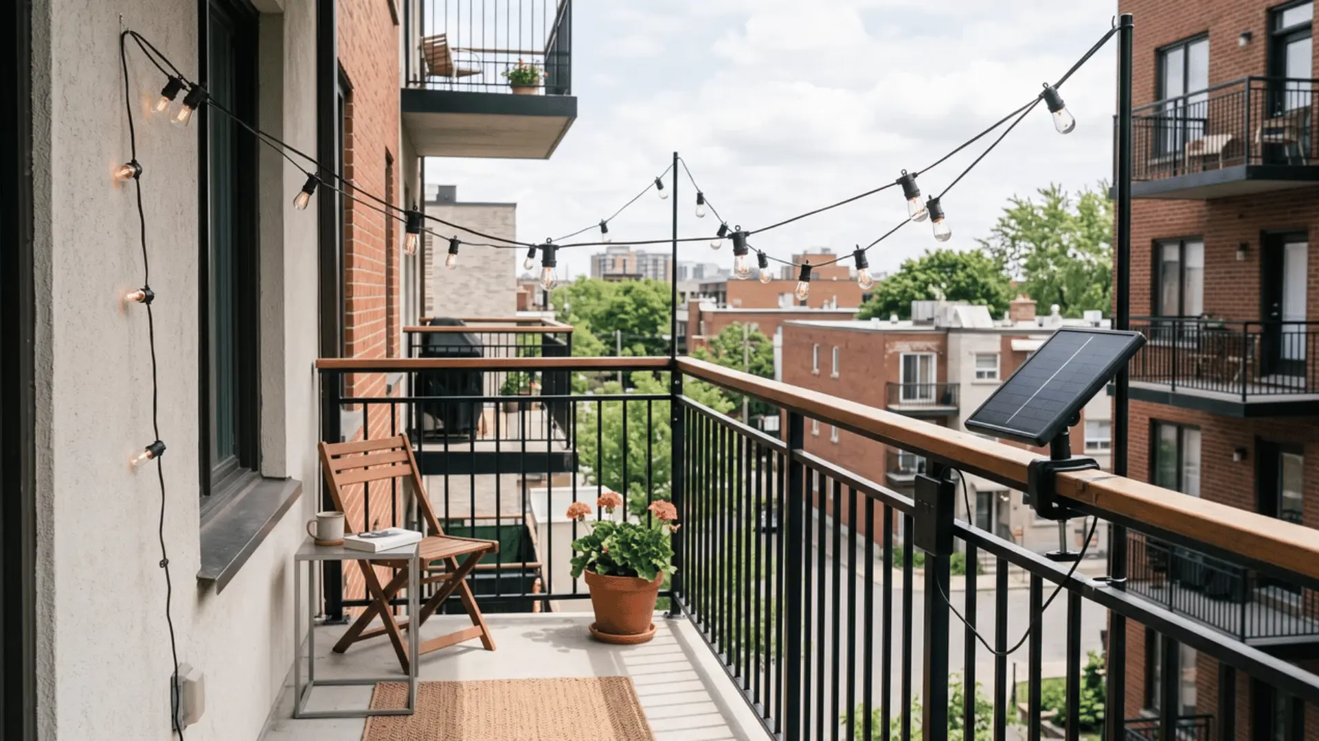 Solar string lights on a small balcony with the panel positioned in direct sun