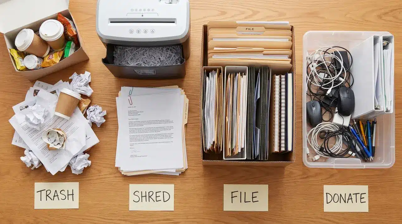 Office supplies and papers sorted into separate categories on a desk