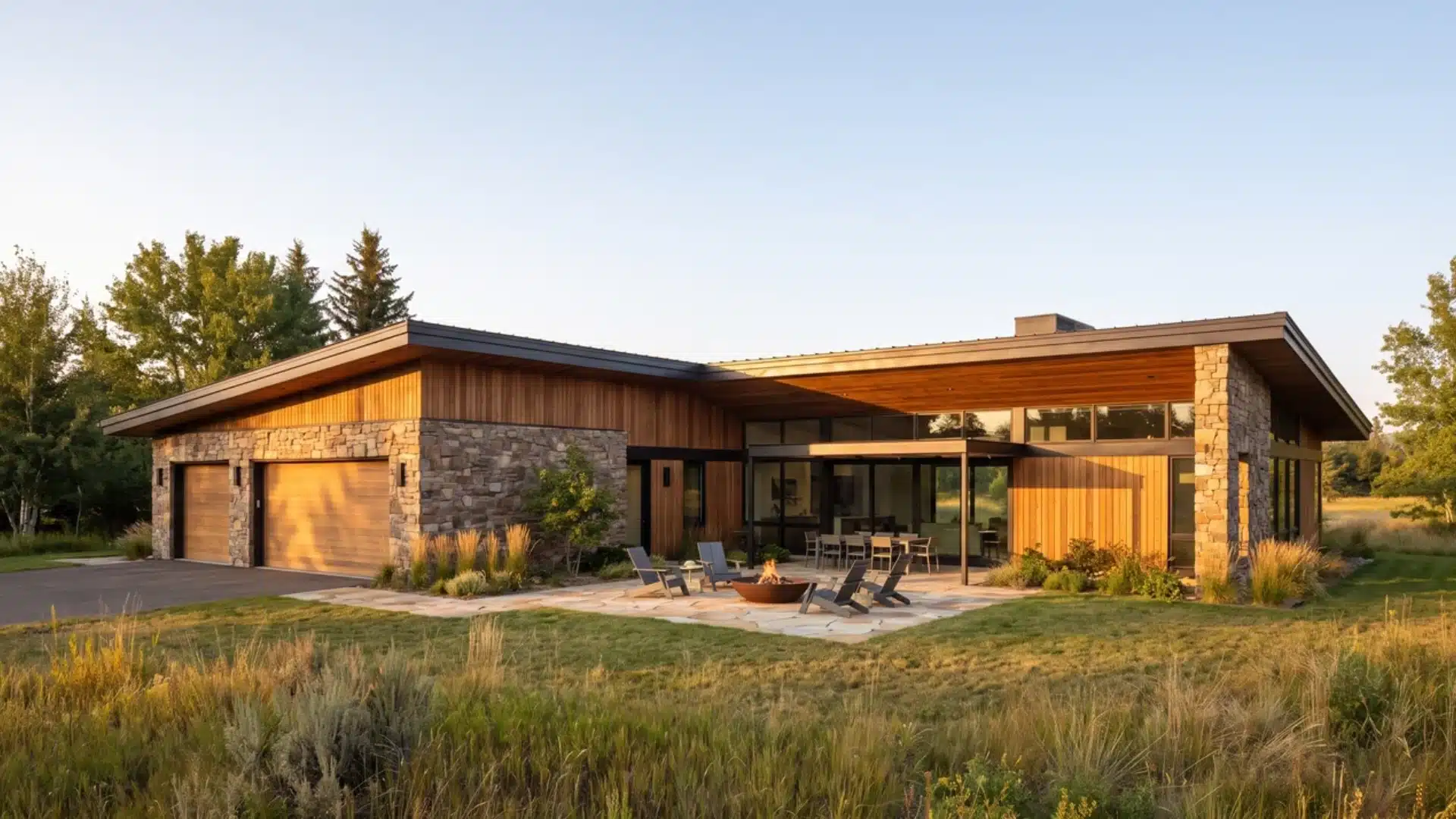 Sprawling L-shaped modern ranch home with wood and stone siding, featuring an outdoor patio and fire pit.