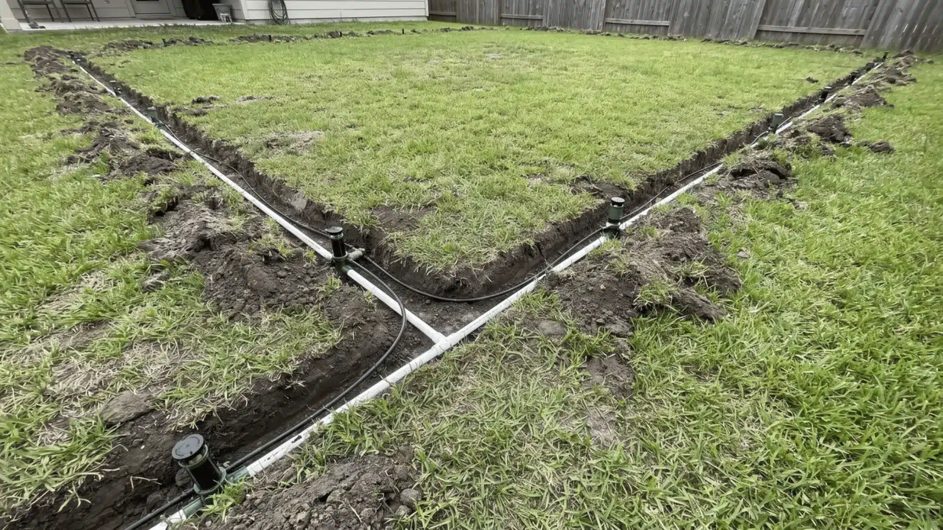 Open trenches showing sprinkler pipes installed beneath a grass lawn
