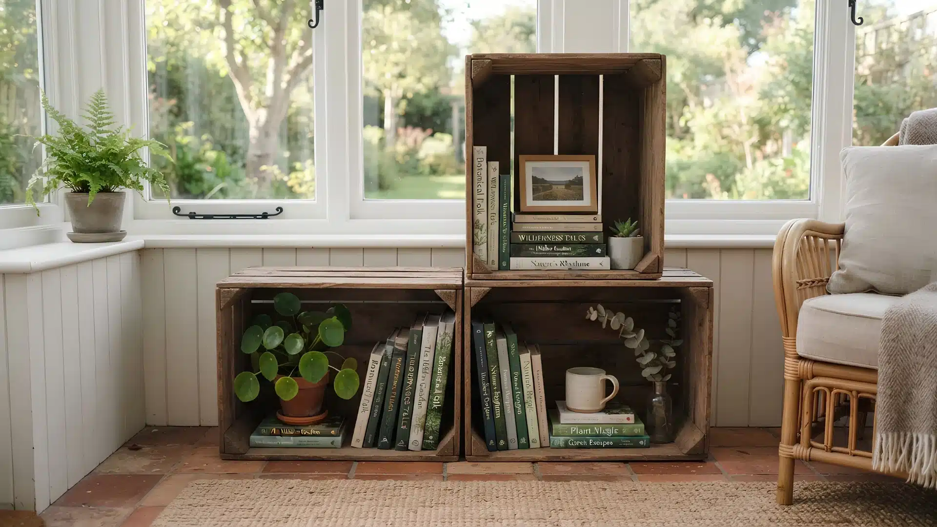 stacked wooden crates used as open shelving in a sunroom