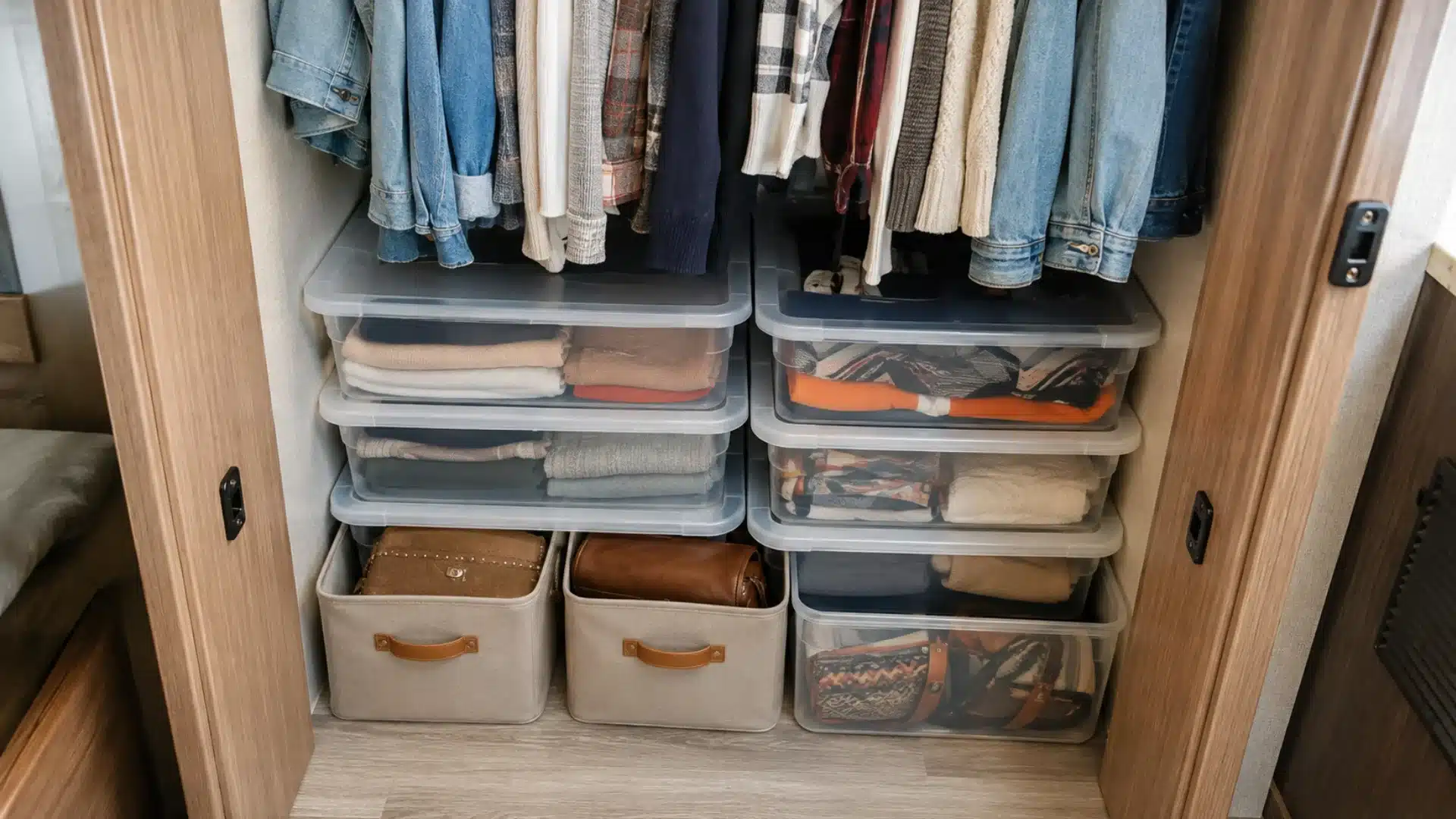 Stackable clear storage bins organize clothes, bags, and accessories on an RV wardrobe floor