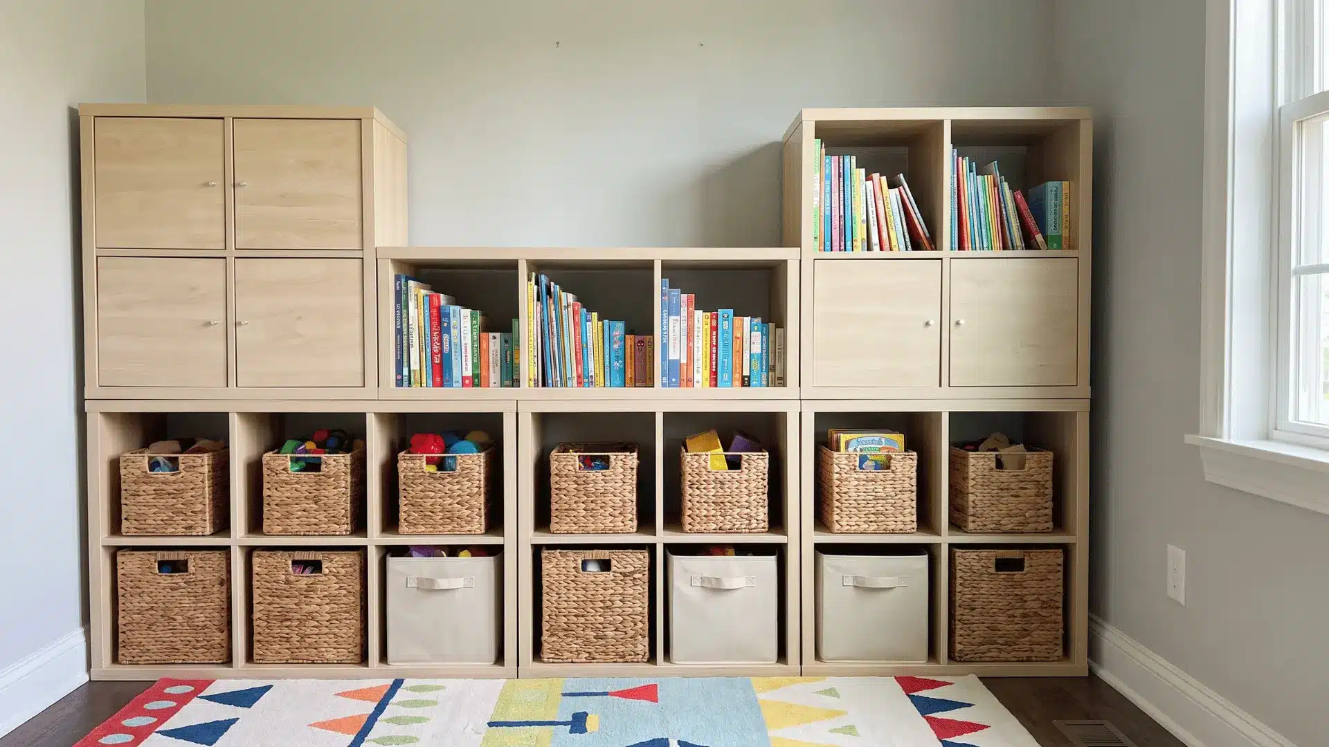 Stackable cube shelving with toy baskets in lower cubes and books stored above
