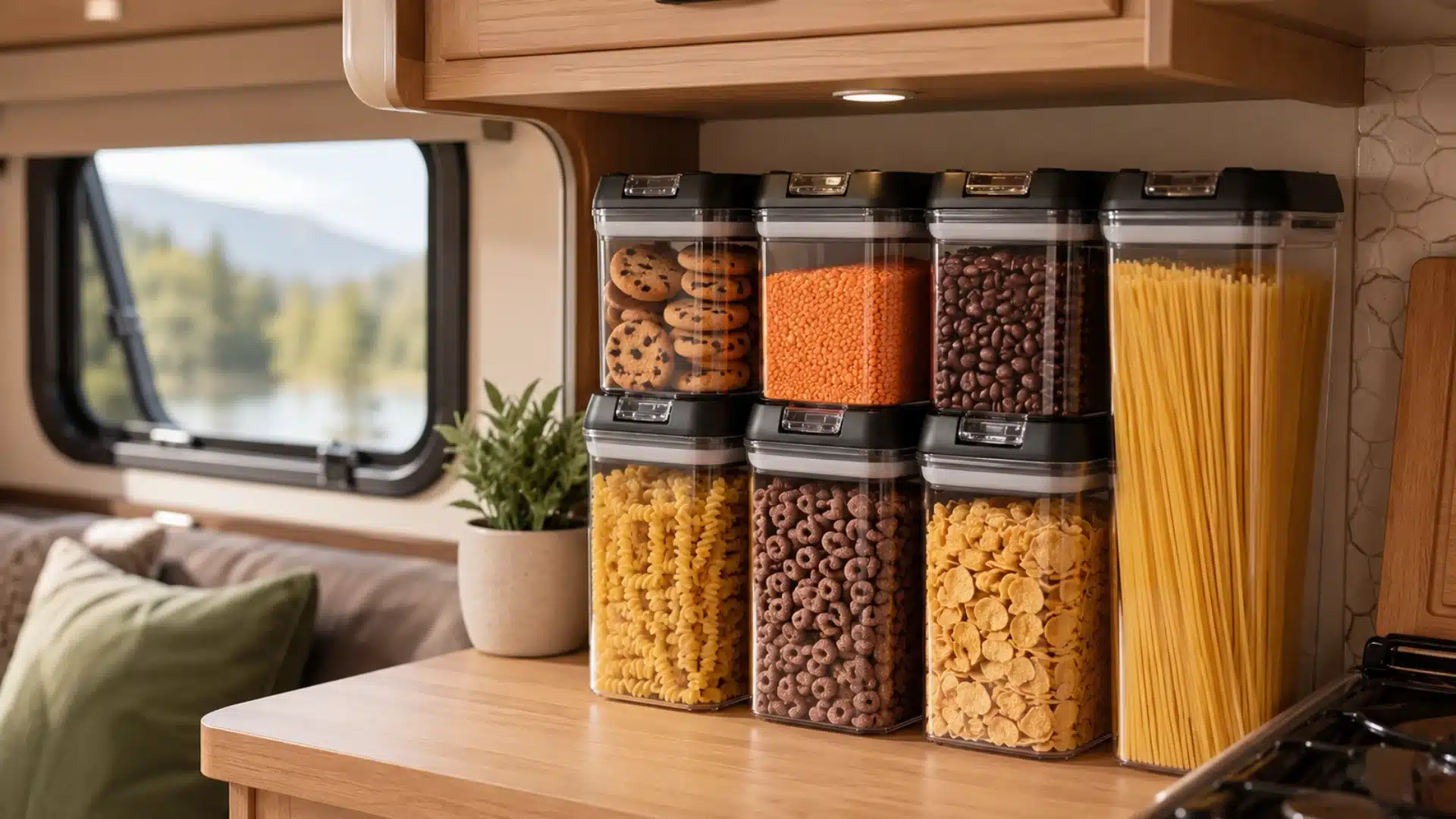 Stackable pasta and cereal containers organize dry goods in a compact RV kitchen pantry