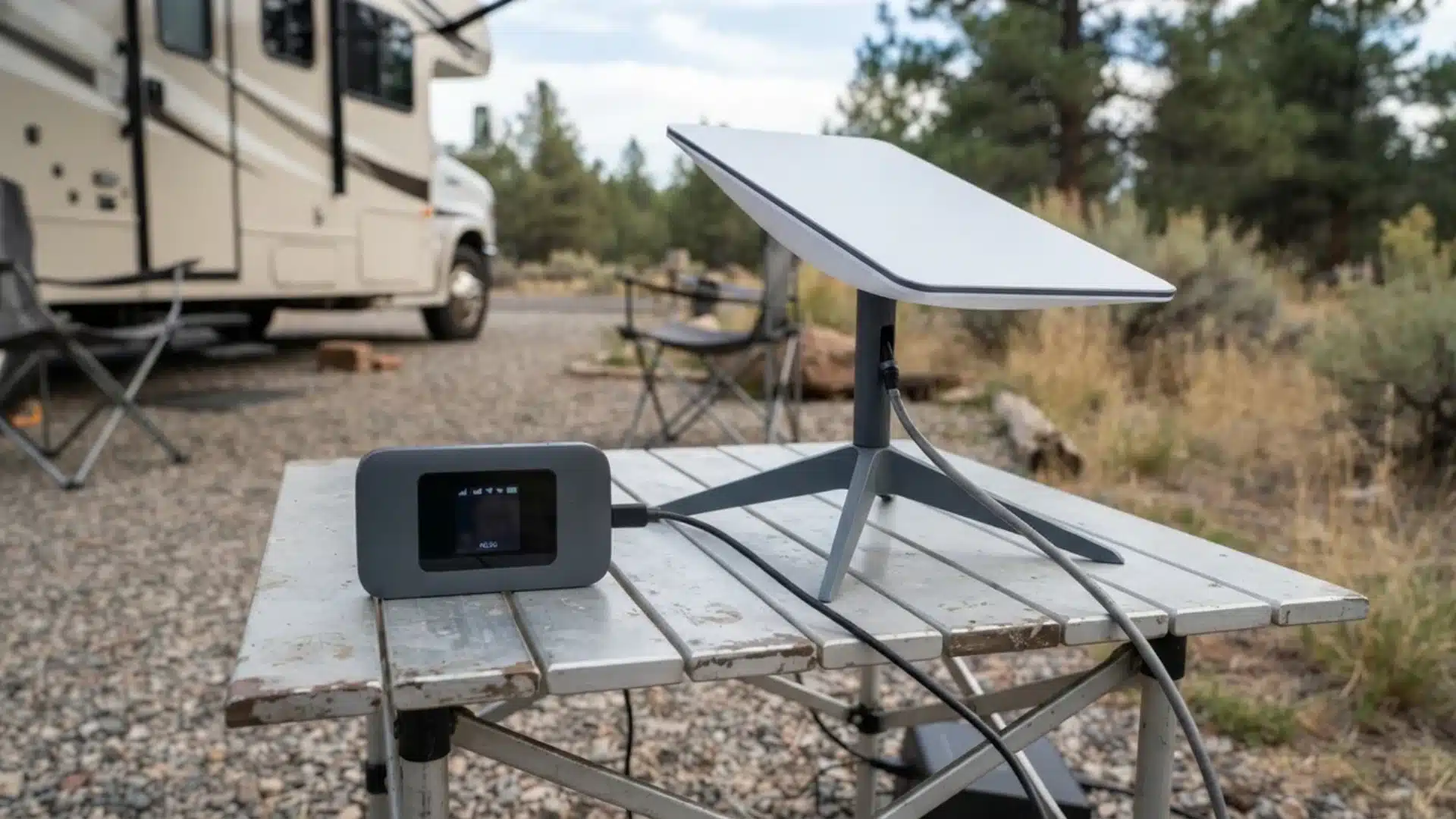 Starlink satellite dish and mobile Wi-Fi hotspot set up on outdoor camping table.