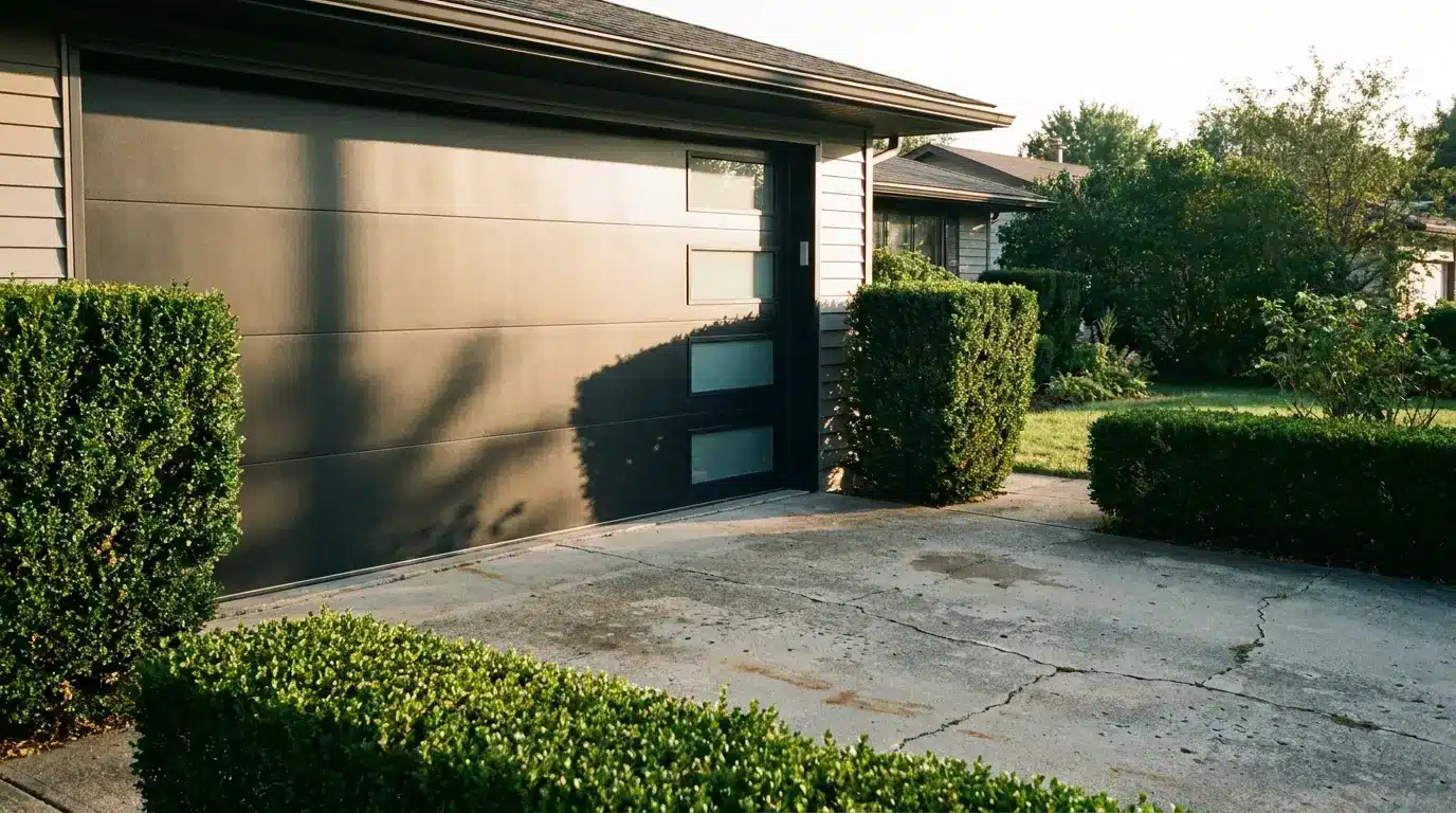 Black garage door with frosted windows surrounded by trimmed hedges in sunlit suburban driveway
