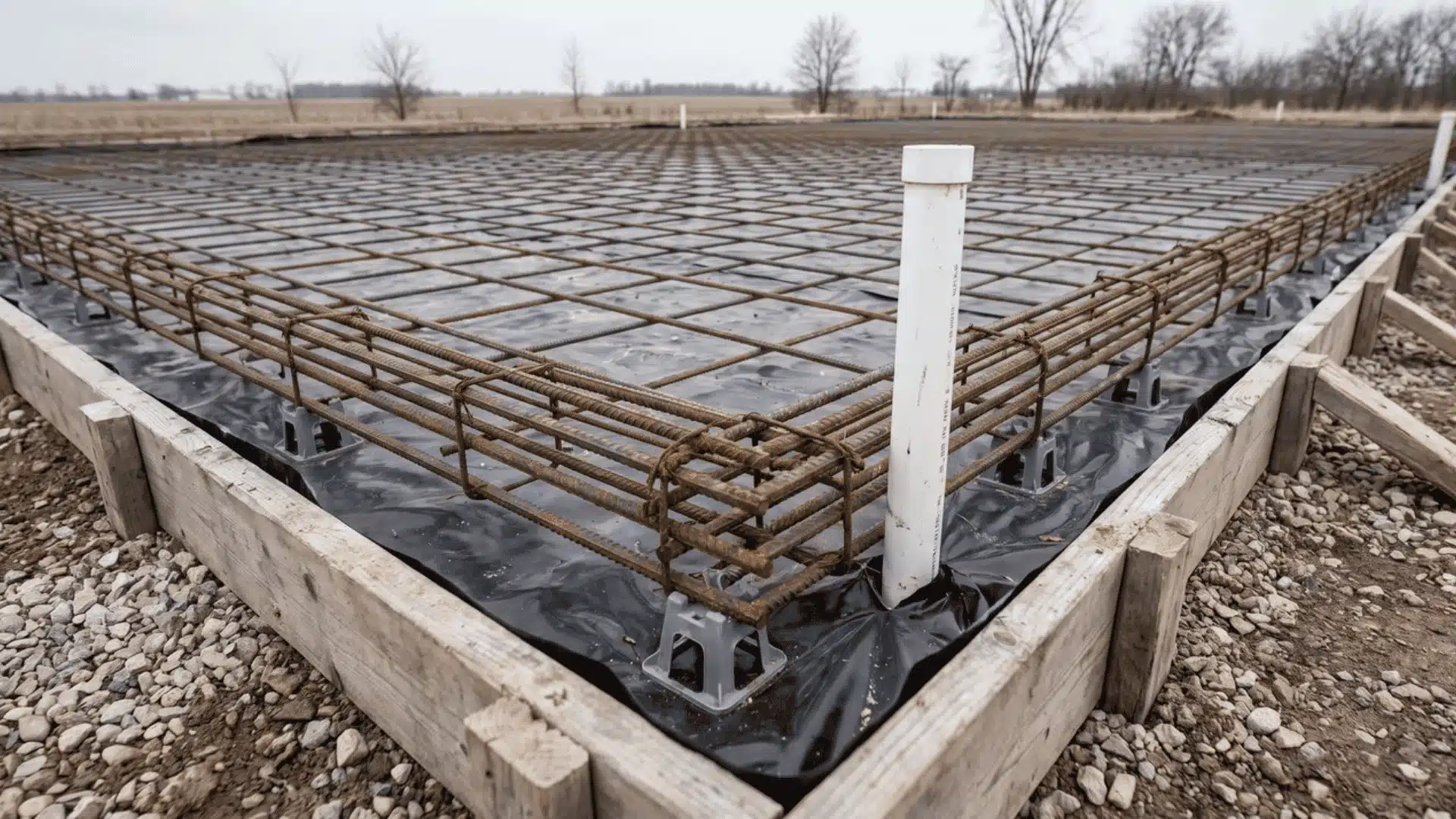 steel rebar grid on chairs with extra reinforcement around a plumbing pipe penetration