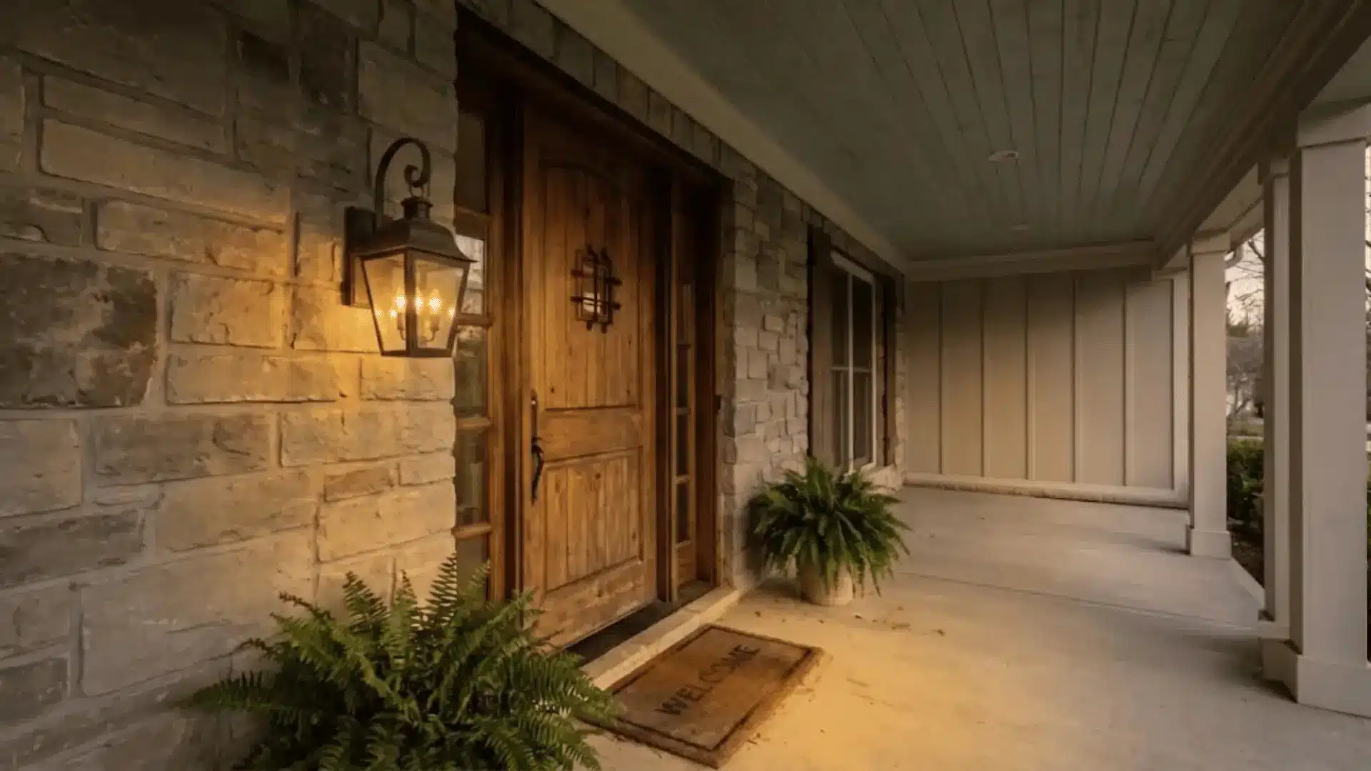 Stone exterior entryway with wooden door, wall lantern, plants, and covered porch