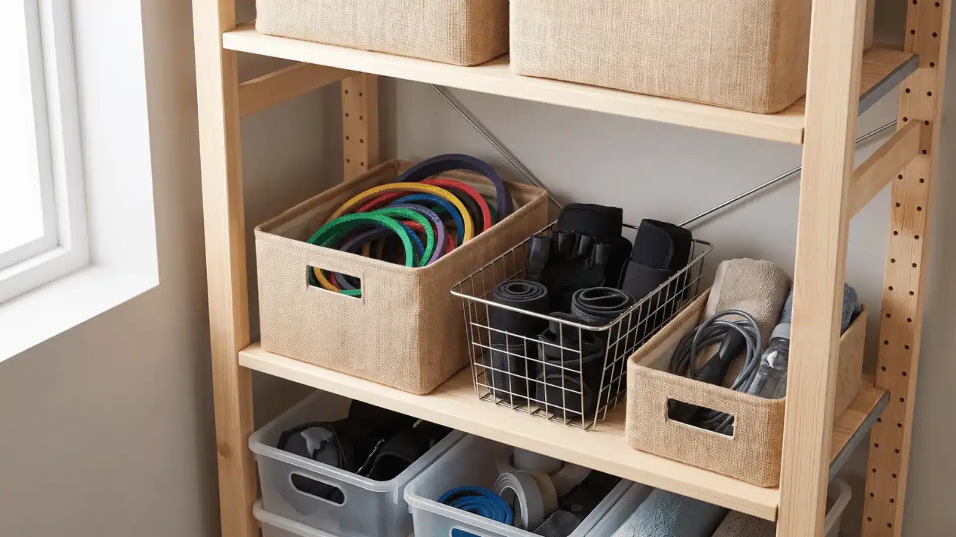 Storage baskets holding resistance bands, gloves, and cardio accessories on workout shelves