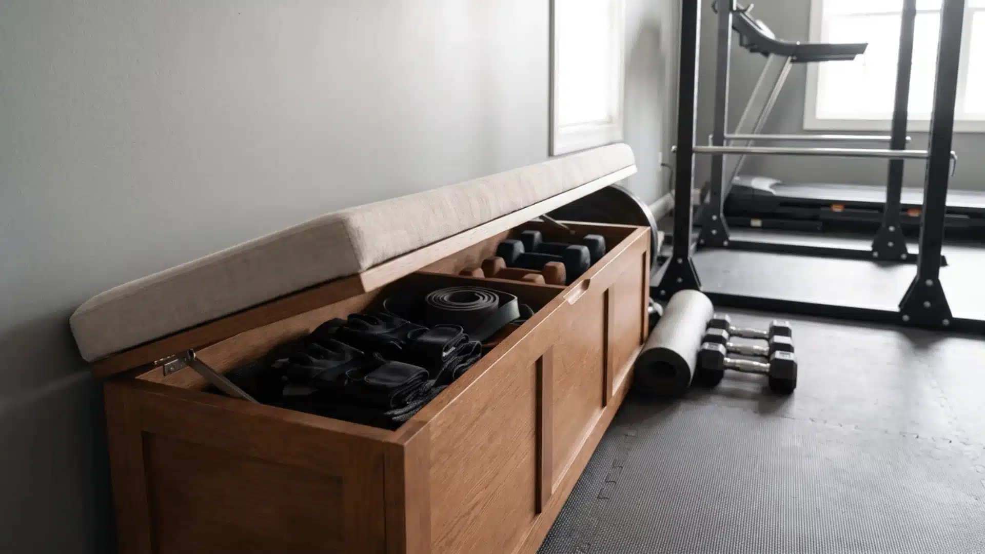 Storage bench with hidden workout accessories placed along a home gym wall