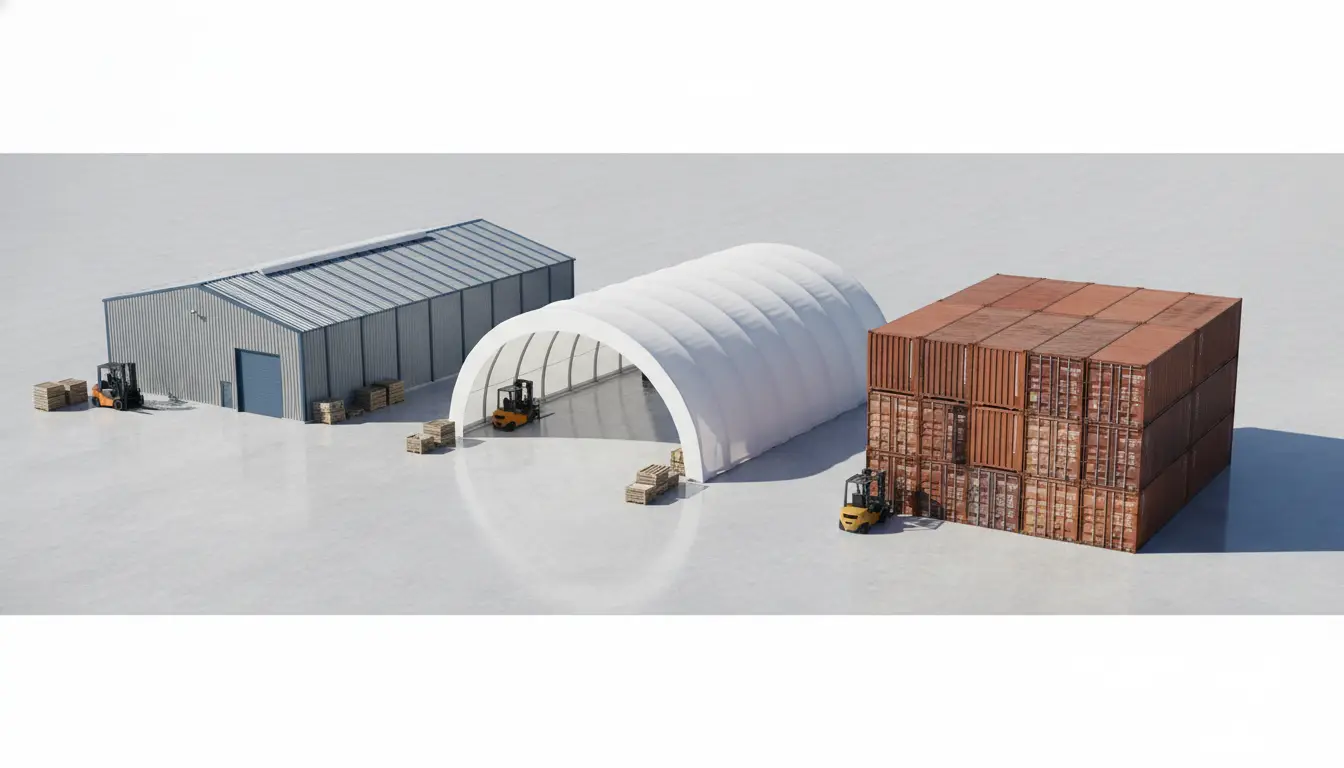 Three forklifts operating near warehouses and stacked shipping containers on a concrete surface