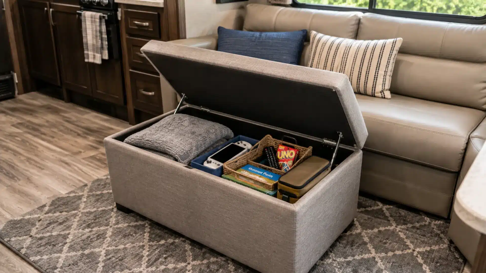 Storage ottoman holds blankets, games, and electronics in a tidy RV living area