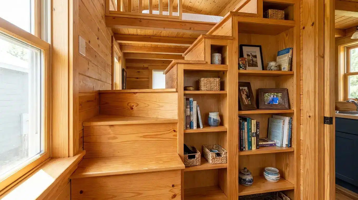 Storage stairs with open bookshelf compartments built into the side
