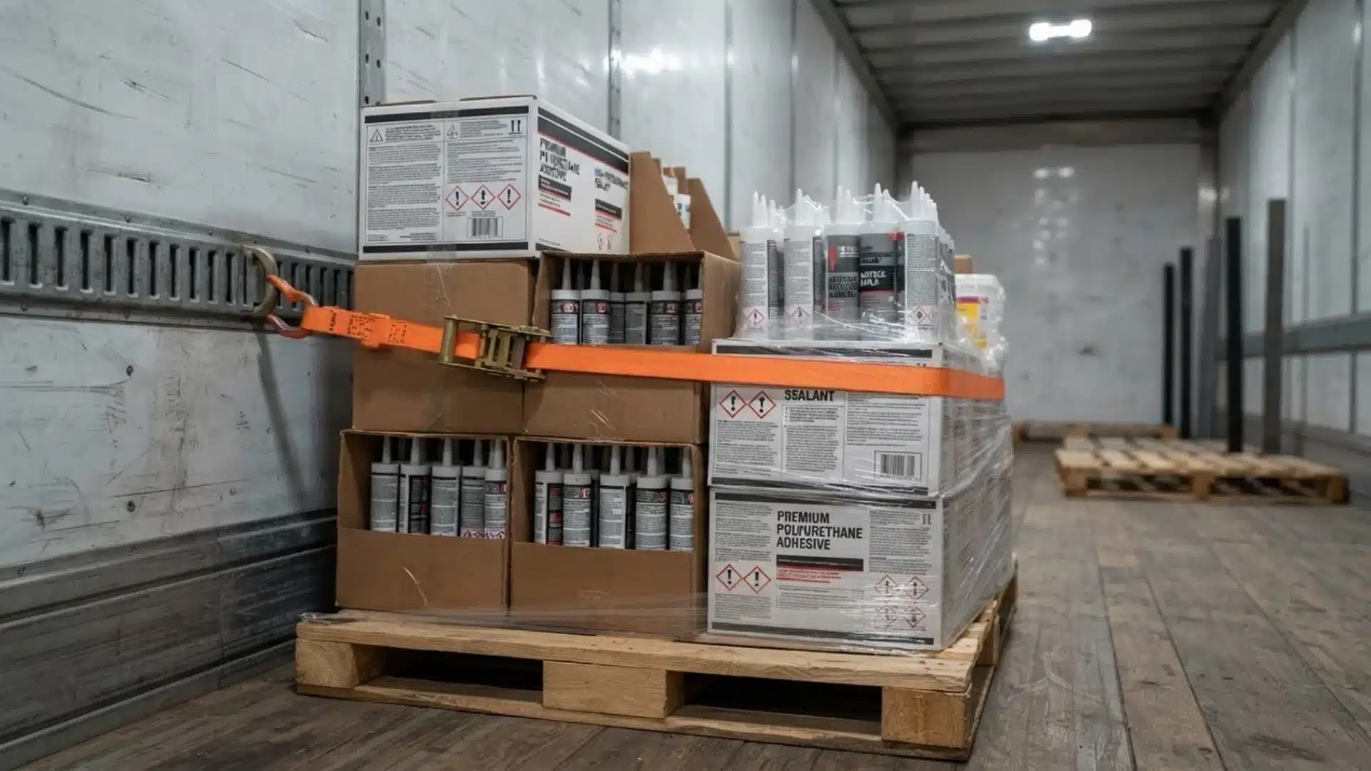 Boxes of adhesive sealant secured with an orange strap inside a cargo truck