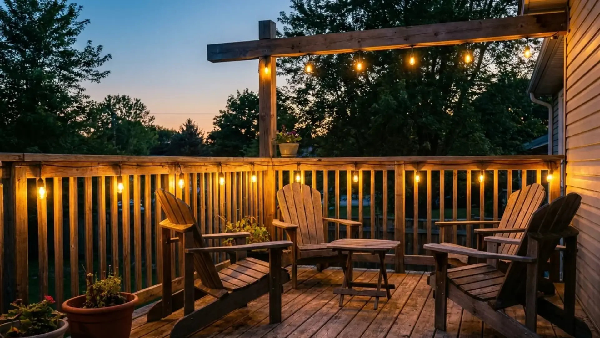 String lights hanging along the railing and beam of a wood deck
